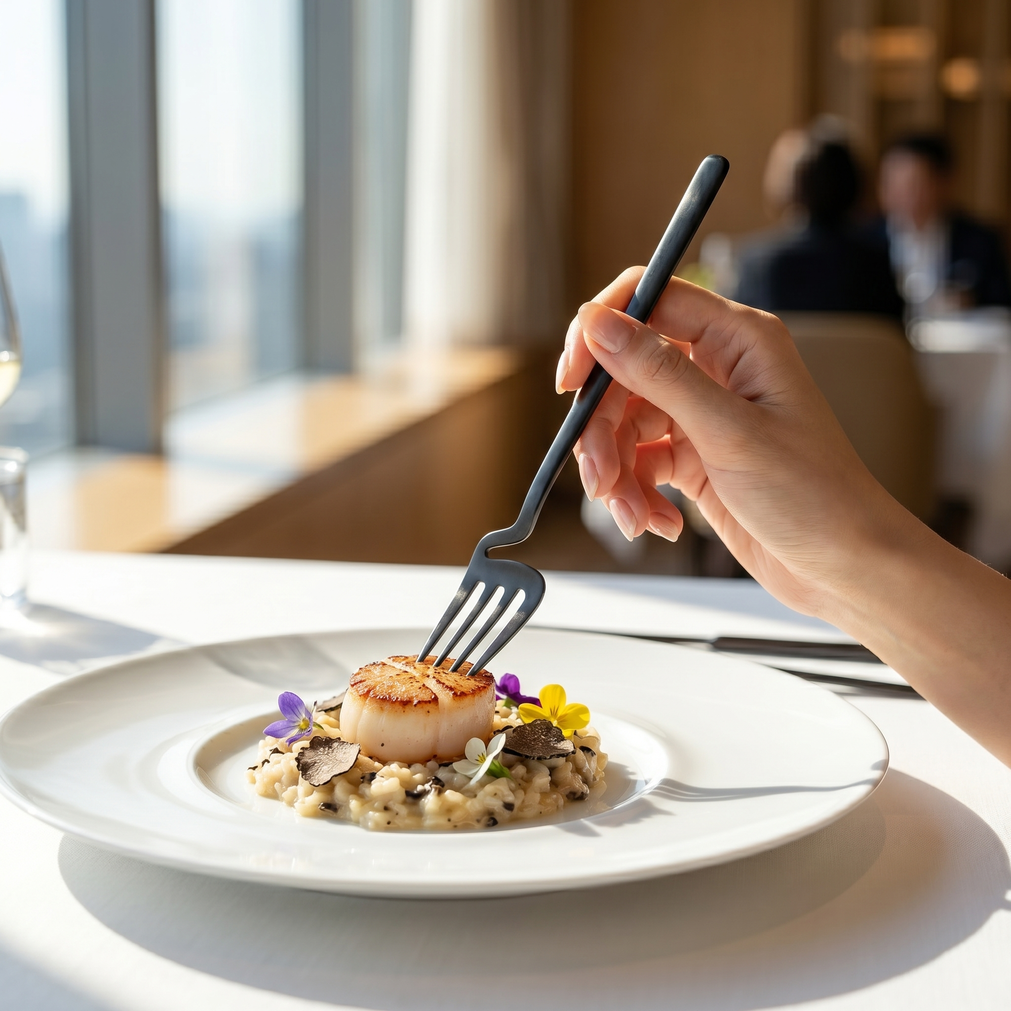 Hand holding a black sculptural skeleton fork over a gourmet dish