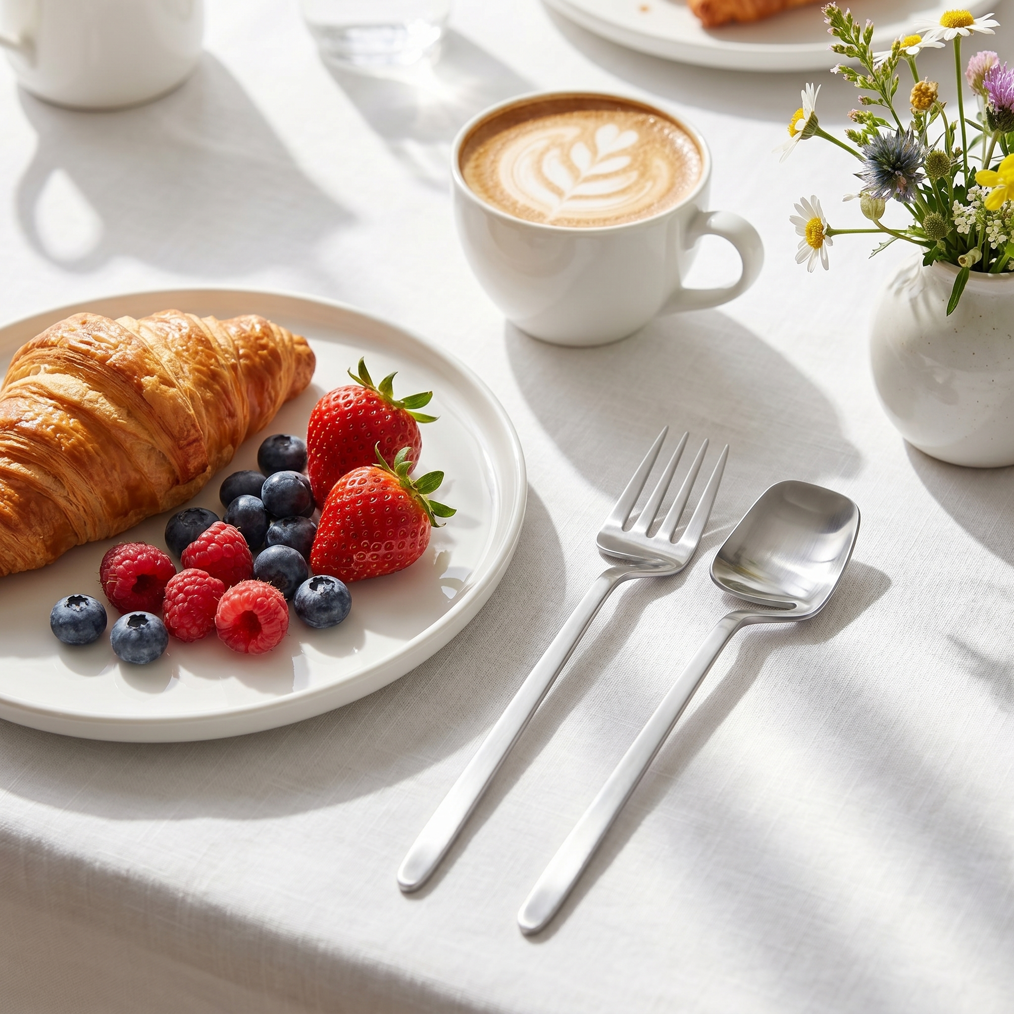Silver sculptural skeleton flatware on a bright brunch table with croissant