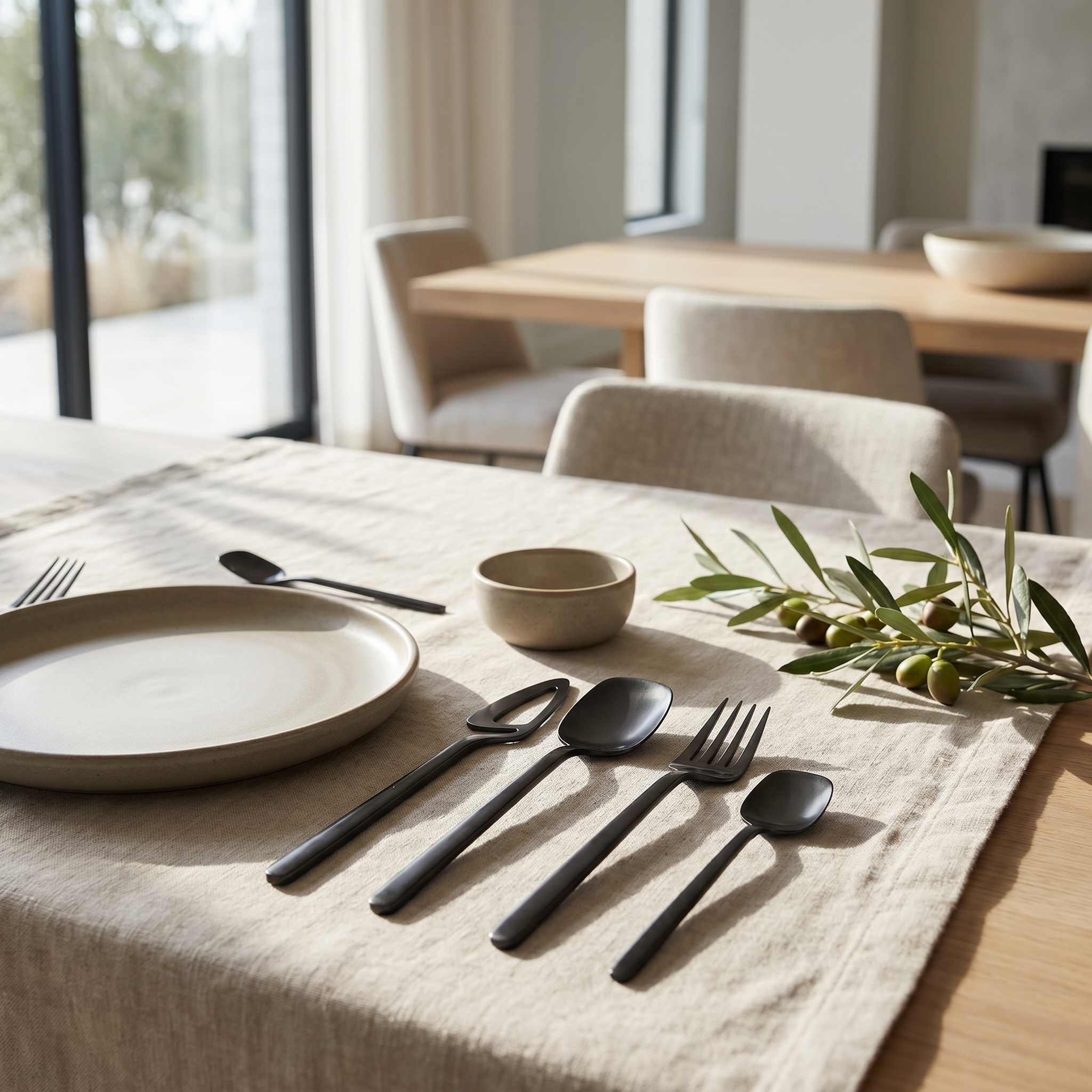 Black sculptural skeleton flatware minimalist tablescape with olive branch