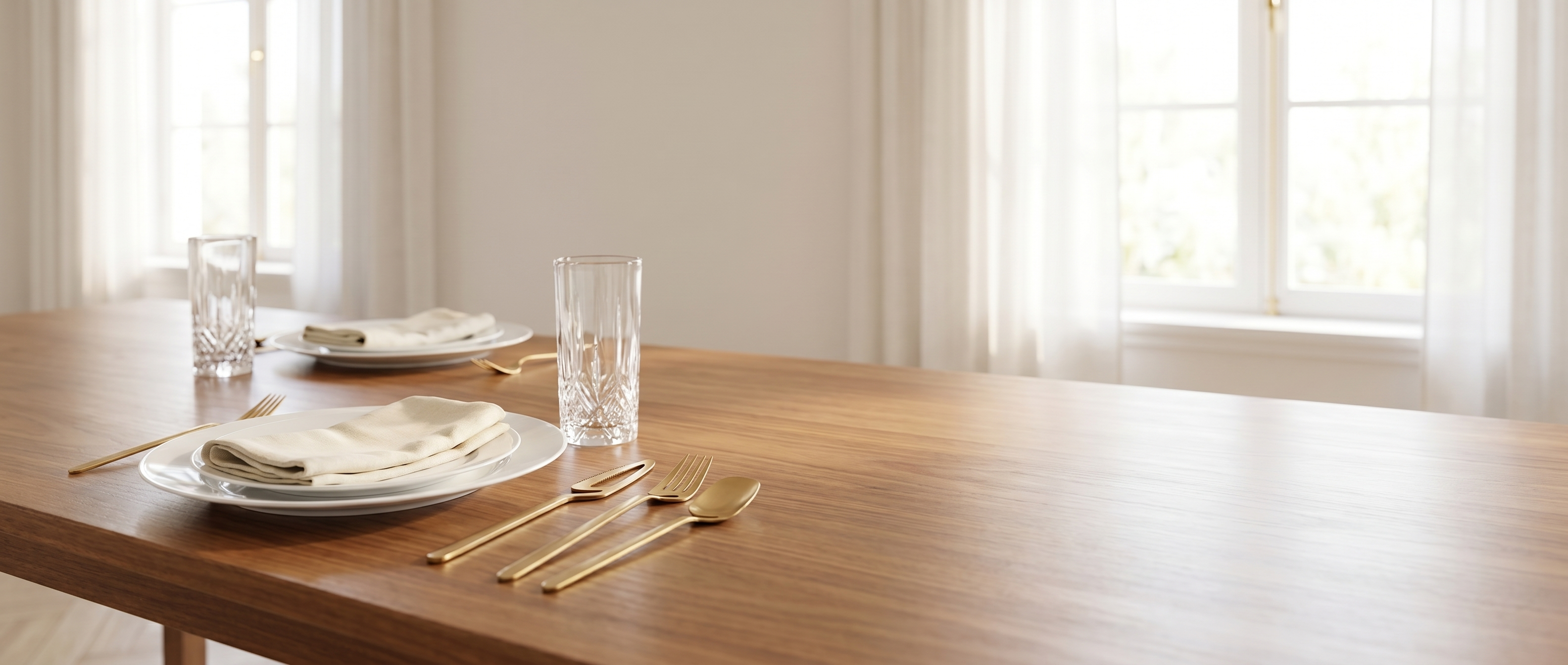 Linea sculptural gold cutlery on an elegant sunlit dining table