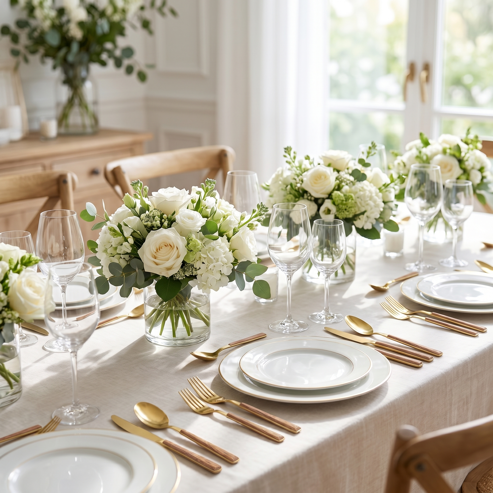 Gold wood-handle flatware on an elegant celebration table with florals