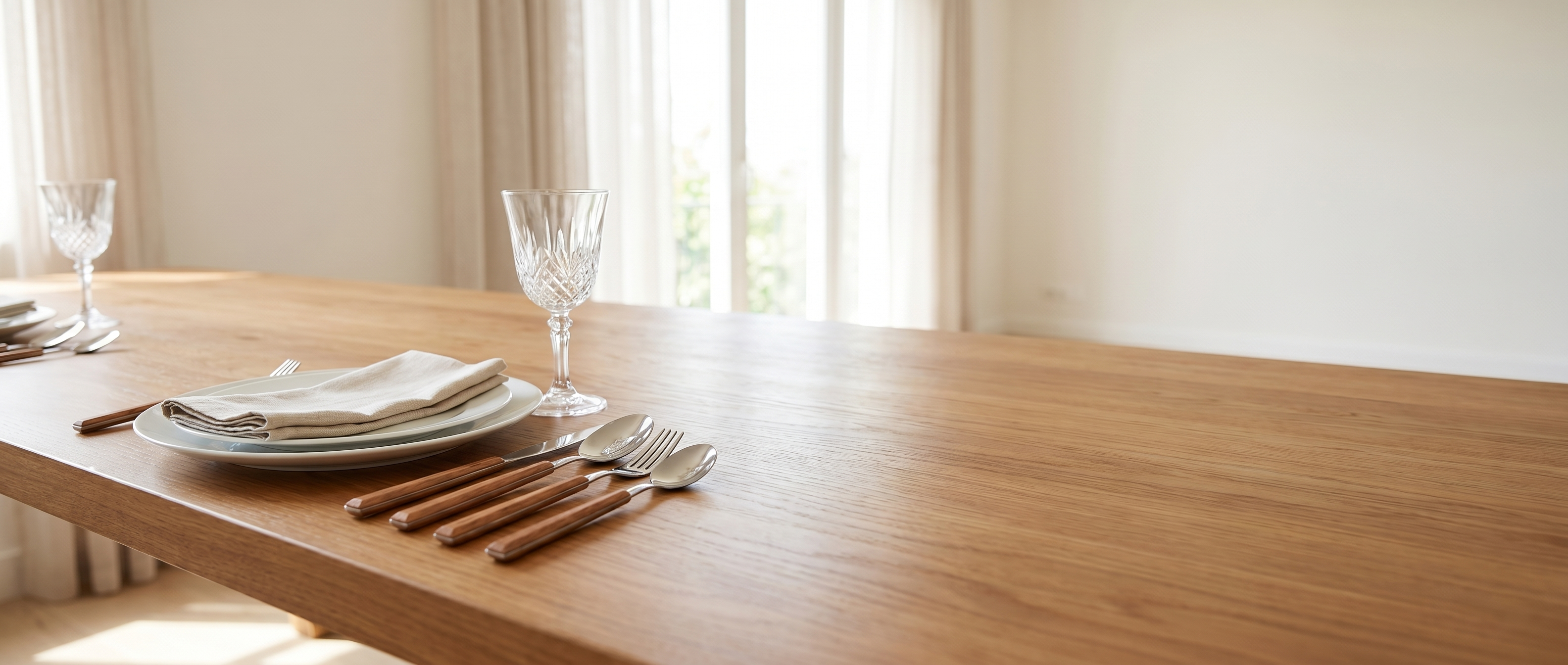 Nordica wood handle silver cutlery on an elegant sunlit dining table