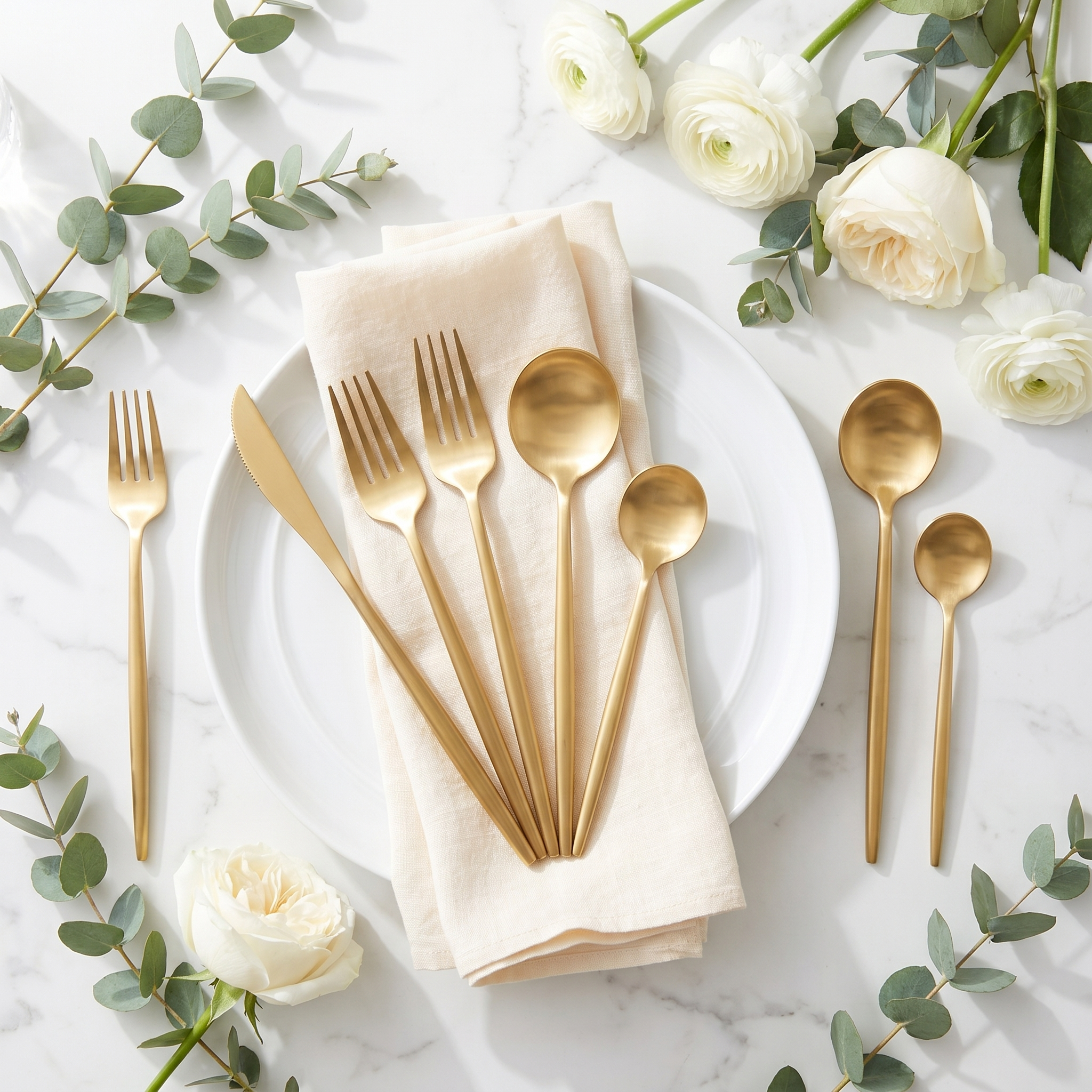 Matte gold minimalist flatware flat lay with eucalyptus on marble