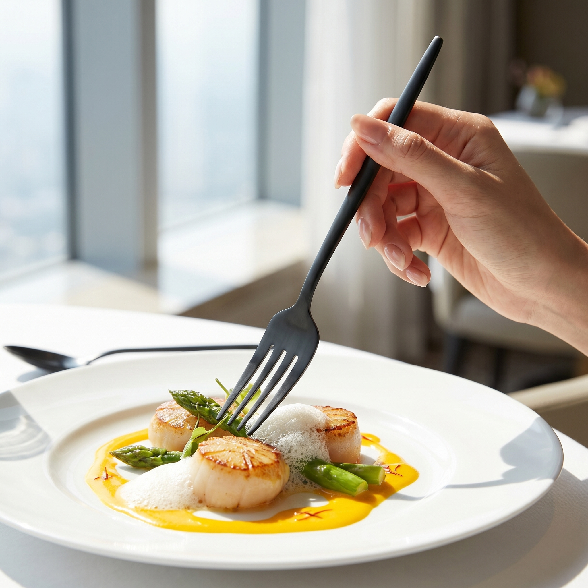 Hand holding a matte black minimalist fork over a gourmet scallop dish