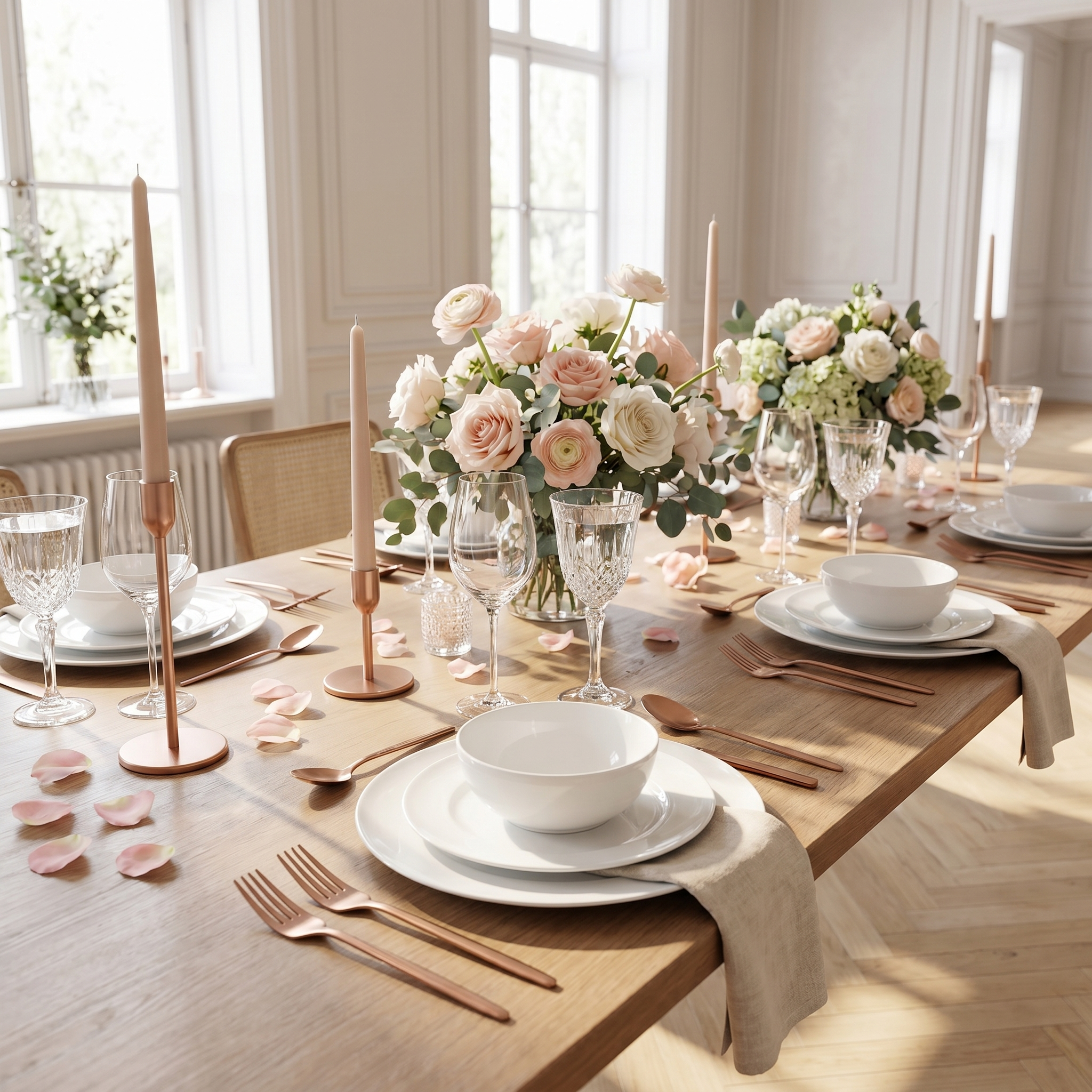 Matte rose gold minimalist flatware on an elegant celebration table with florals
