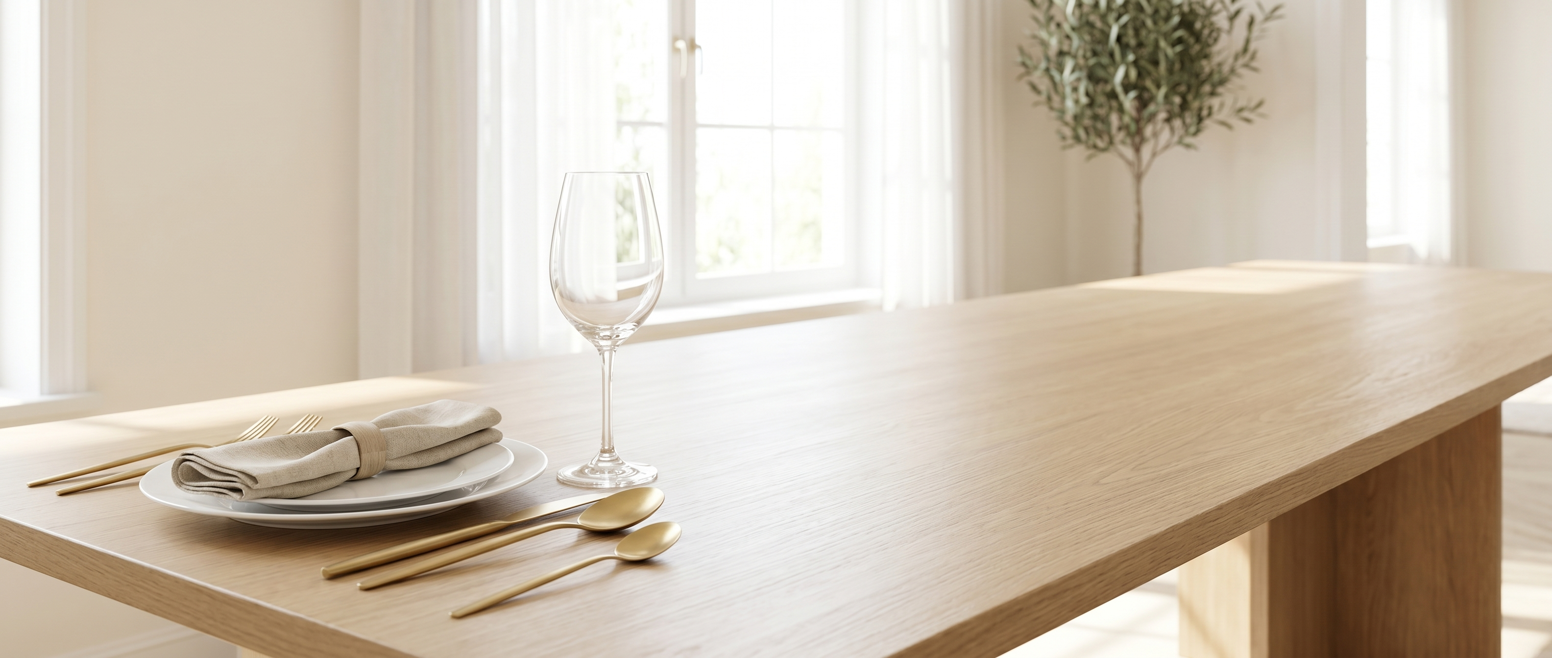 Mira matte gold cutlery on an elegant sunlit dining table