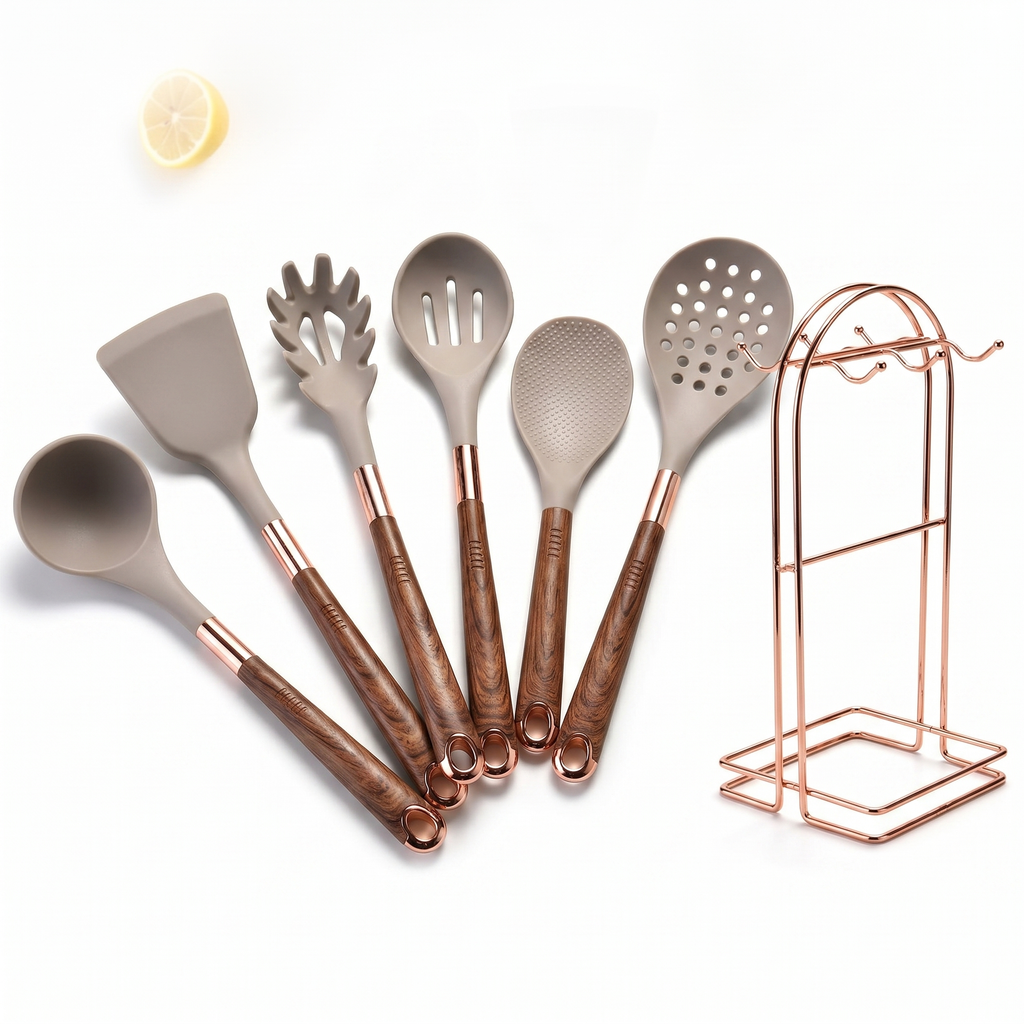 Marmo rose gold kitchen utensil set with wood-grain khaki handles on white background
