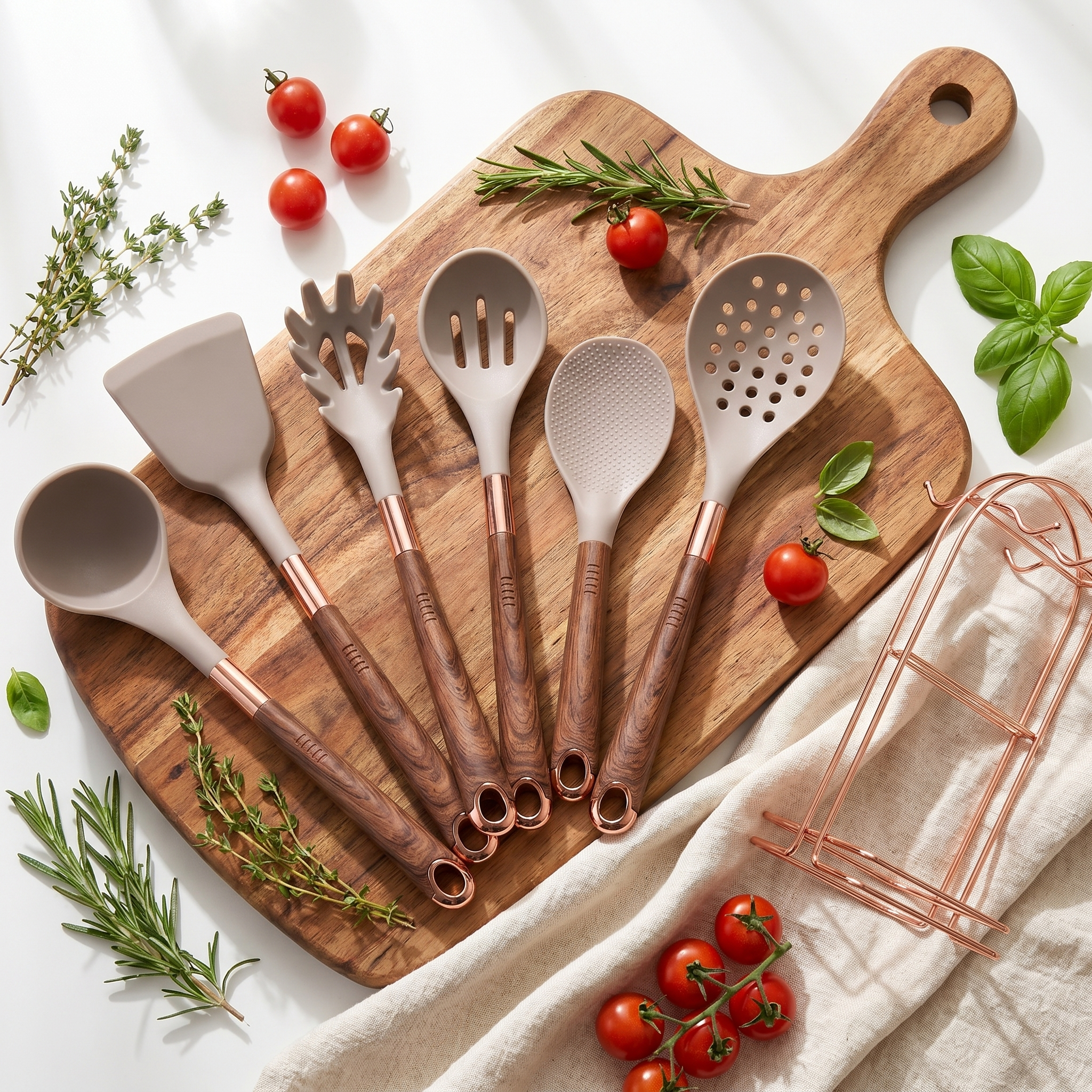 Khaki Marmo utensil set flat lay on a wooden board with fresh herbs