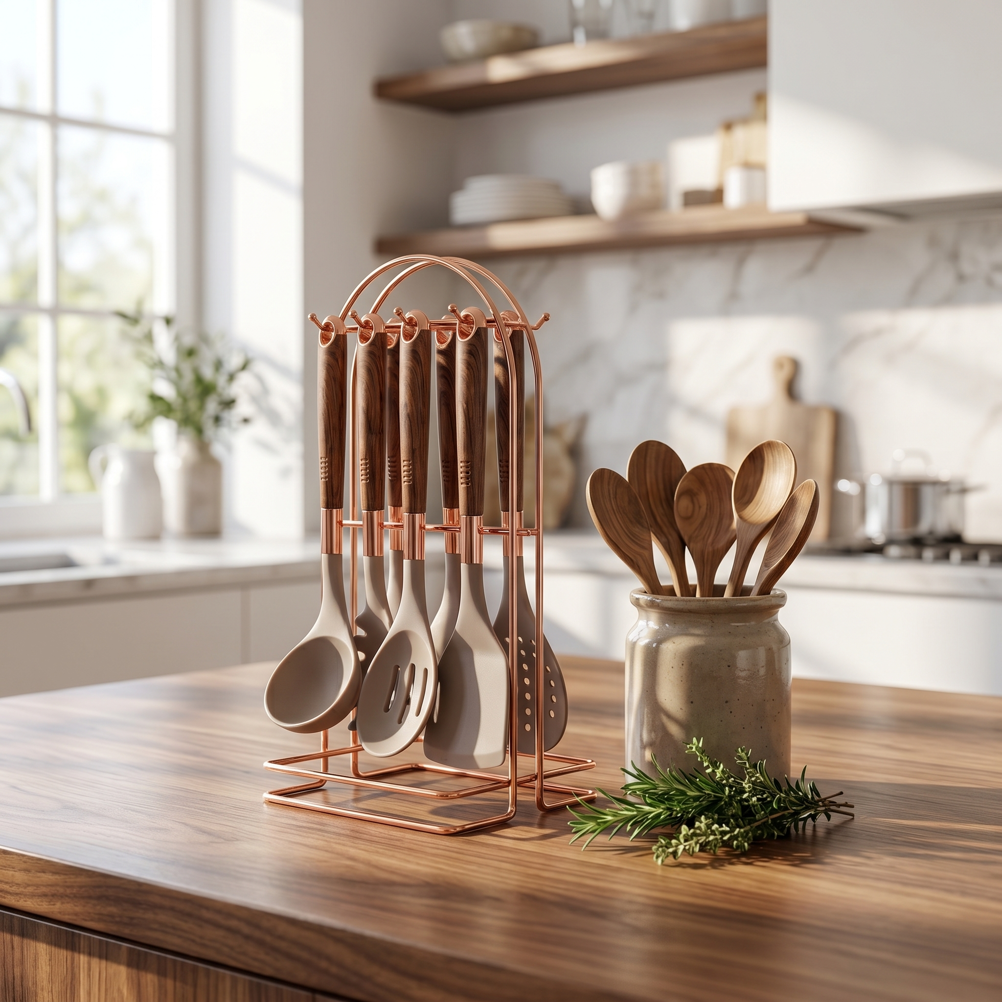 Khaki Marmo utensil set on rose gold stand on a warm wood counter with herbs