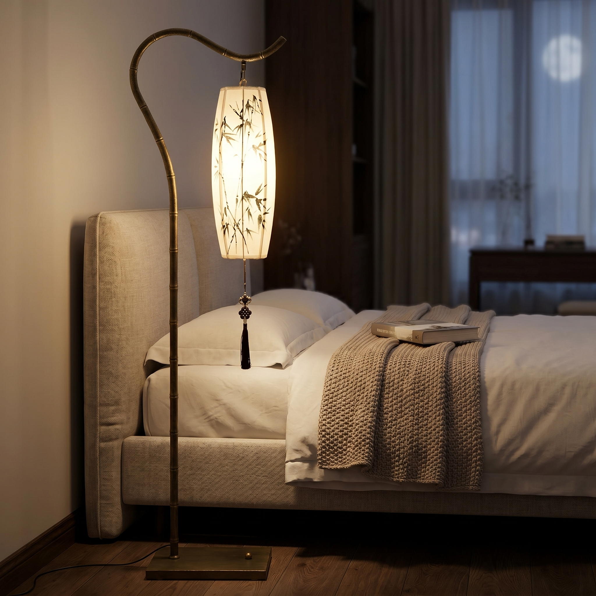 Lumina arc floor lamp as a bedside reading light in a calm bedroom at night