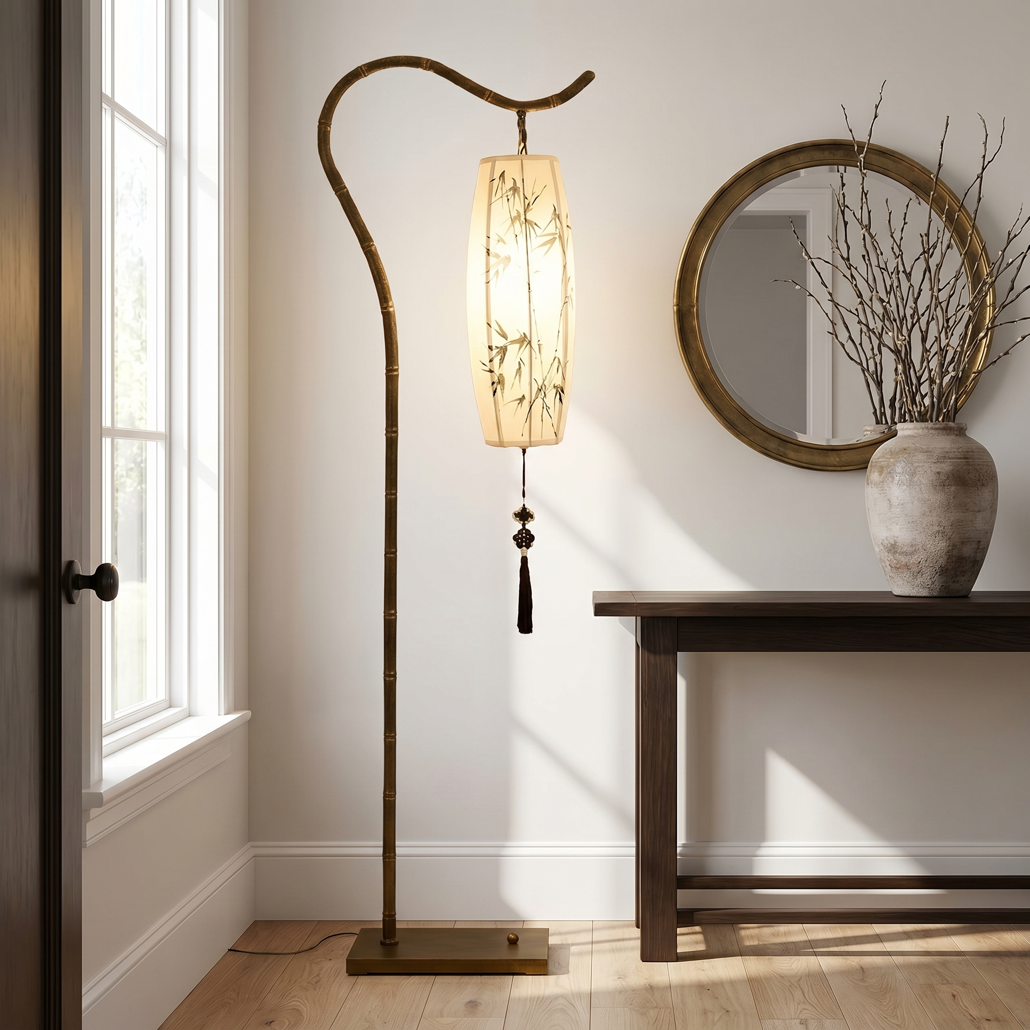Lumina arc floor lamp in an elegant entry hallway in bright morning light