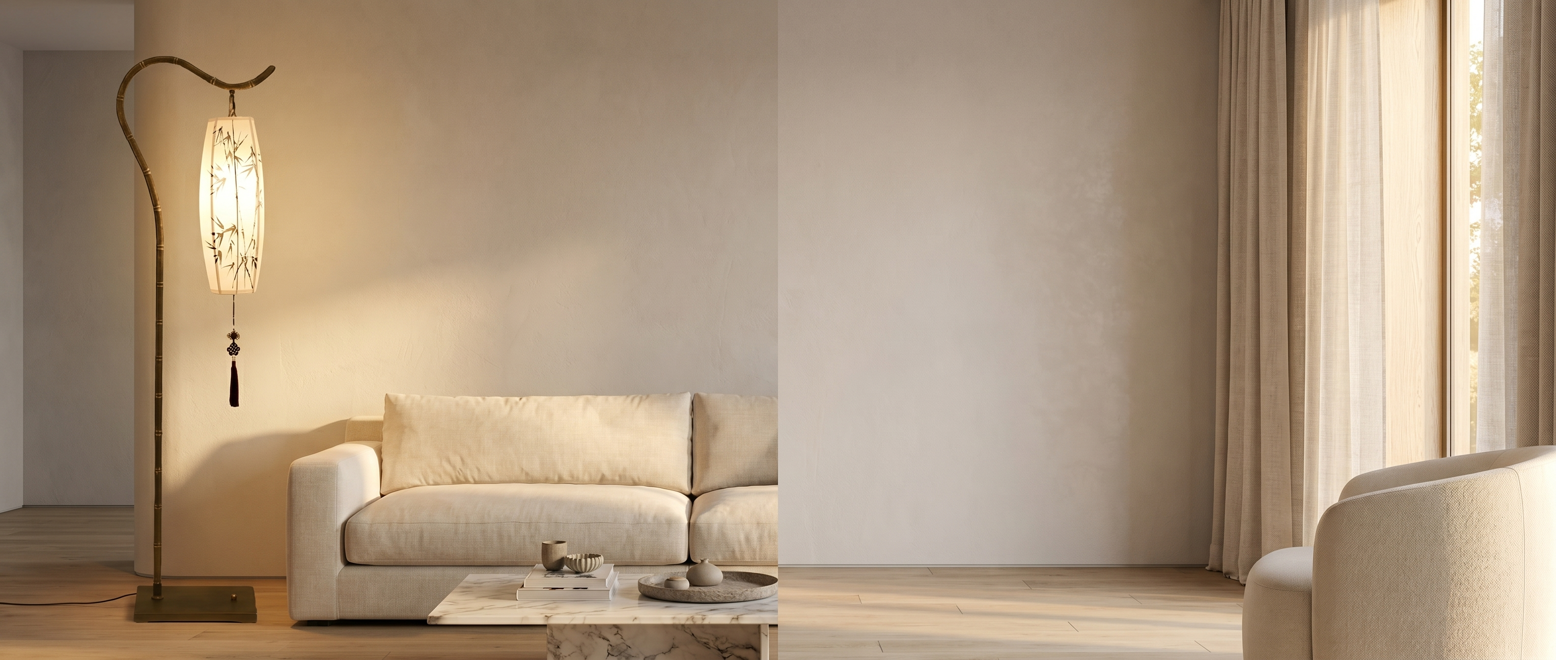 Lumina Zen arc floor lamp banner in a serene living room