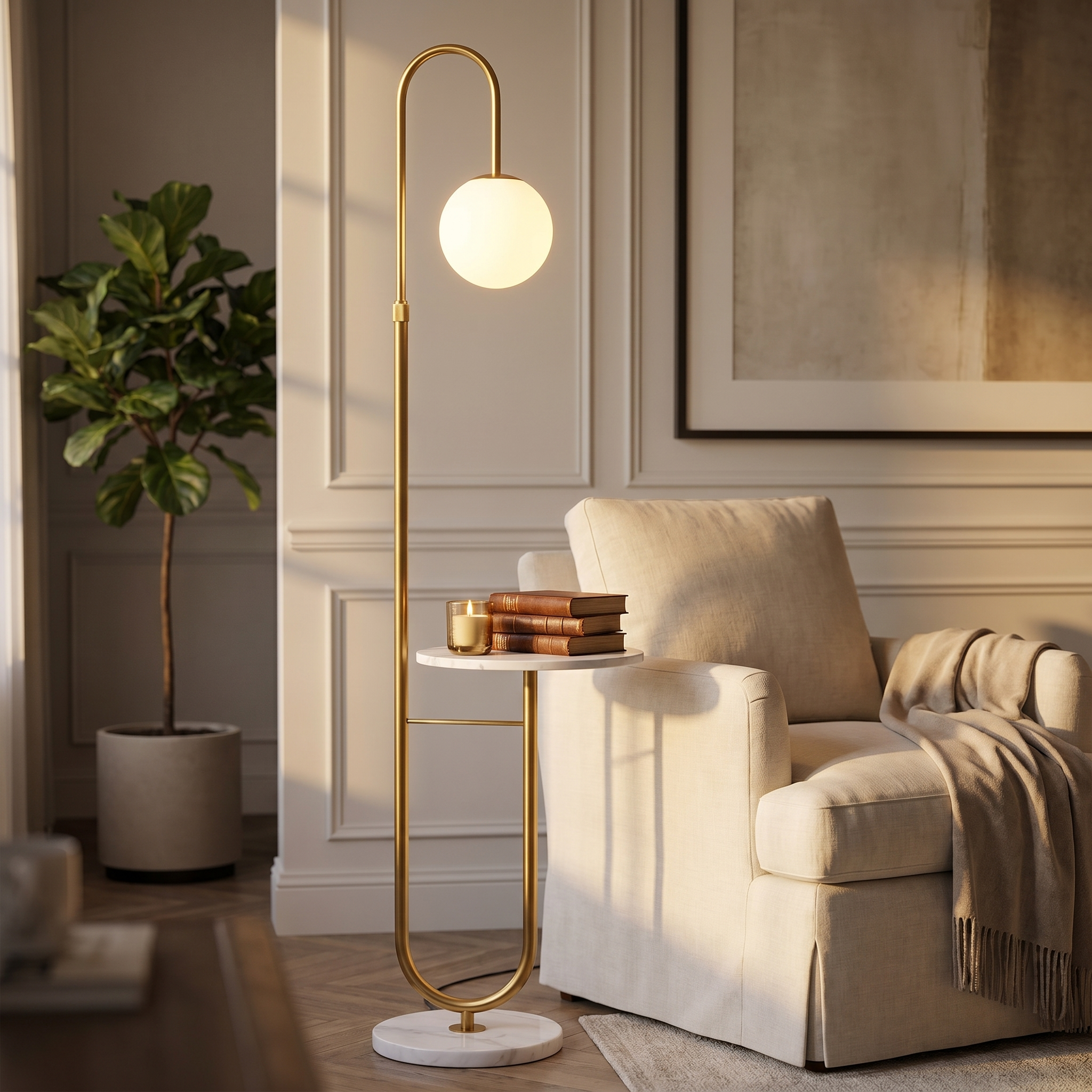 Gold Orbita floor lamp glowing beside a reading chair with a candle and books