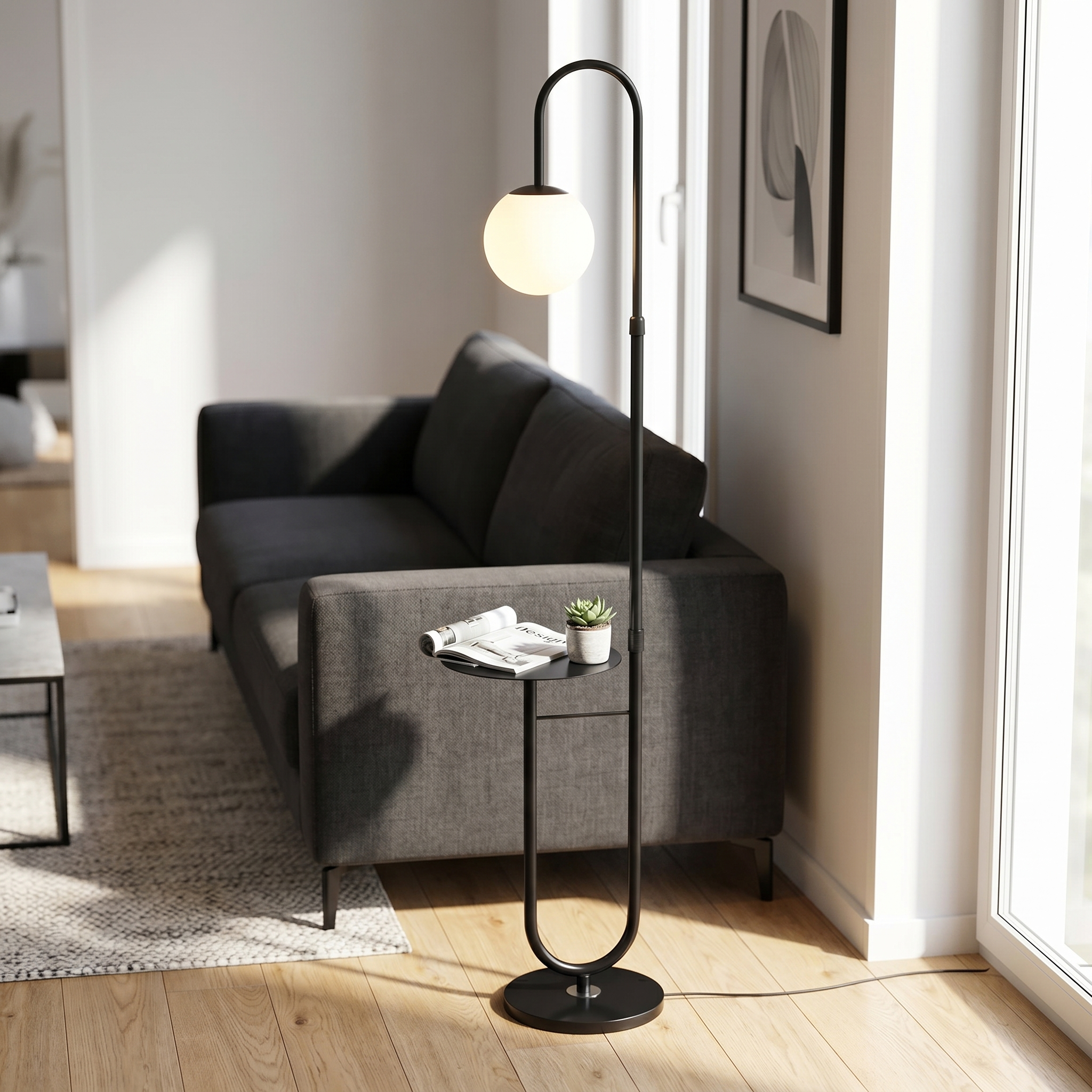 Black Orbita floor lamp beside a charcoal sofa in a contemporary living room