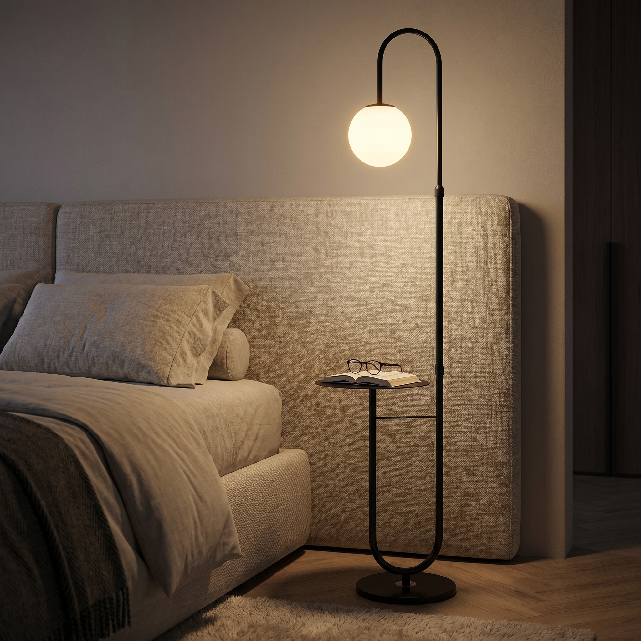 Black Orbita floor lamp glowing as a bedside light in a calm bedroom at night