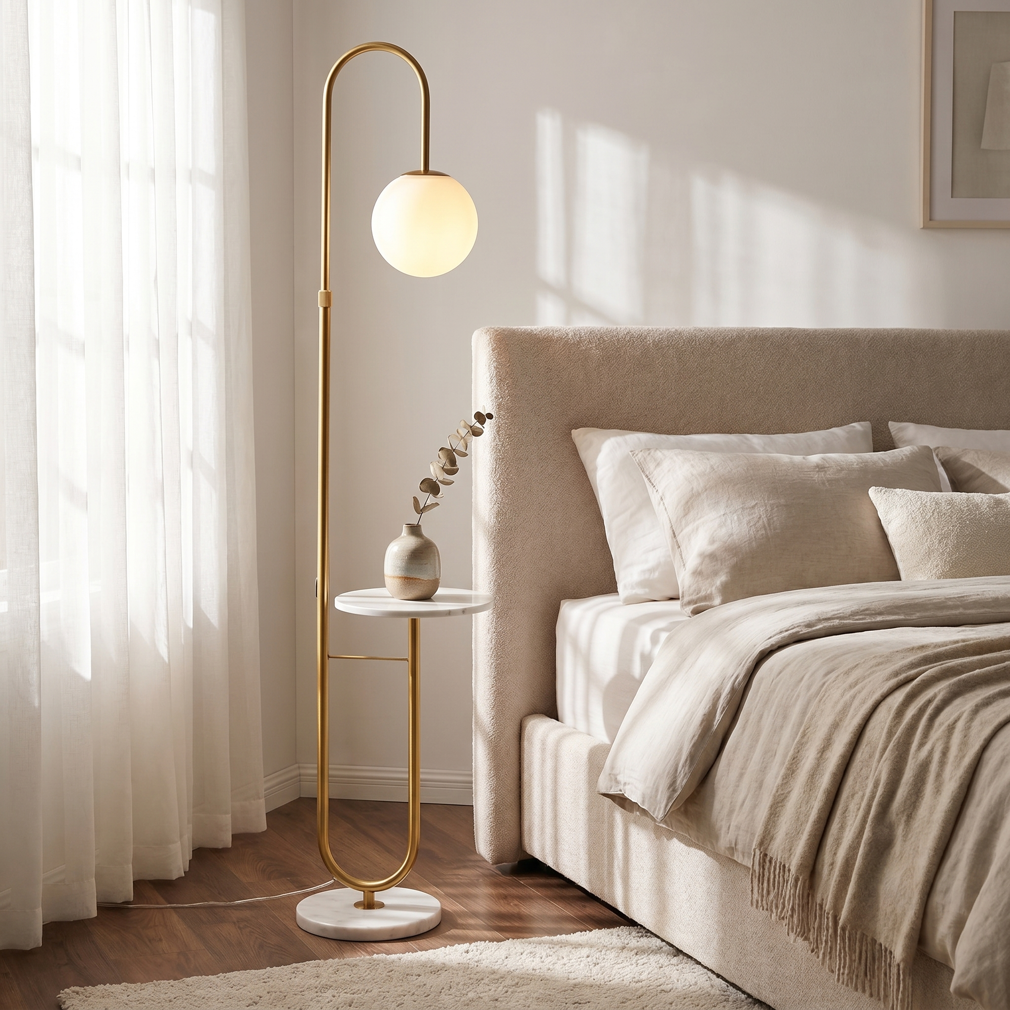Gold Orbita floor lamp beside a bed with a marble side table in a serene bedroom
