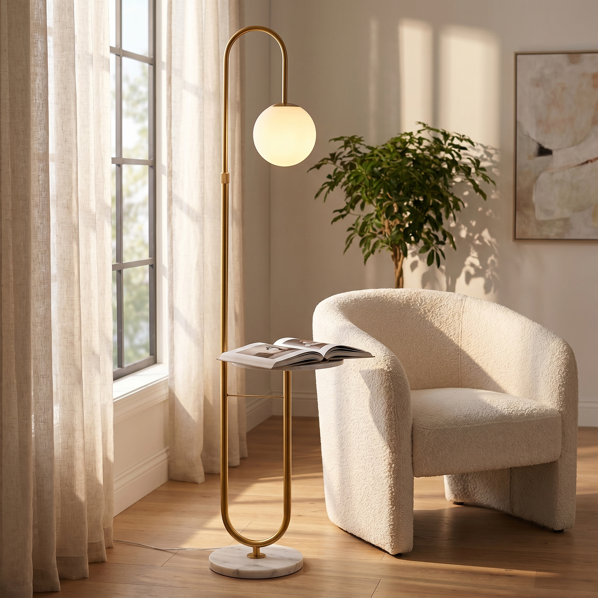 Gold Orbita floor lamp in a sunlit living room corner at golden hour