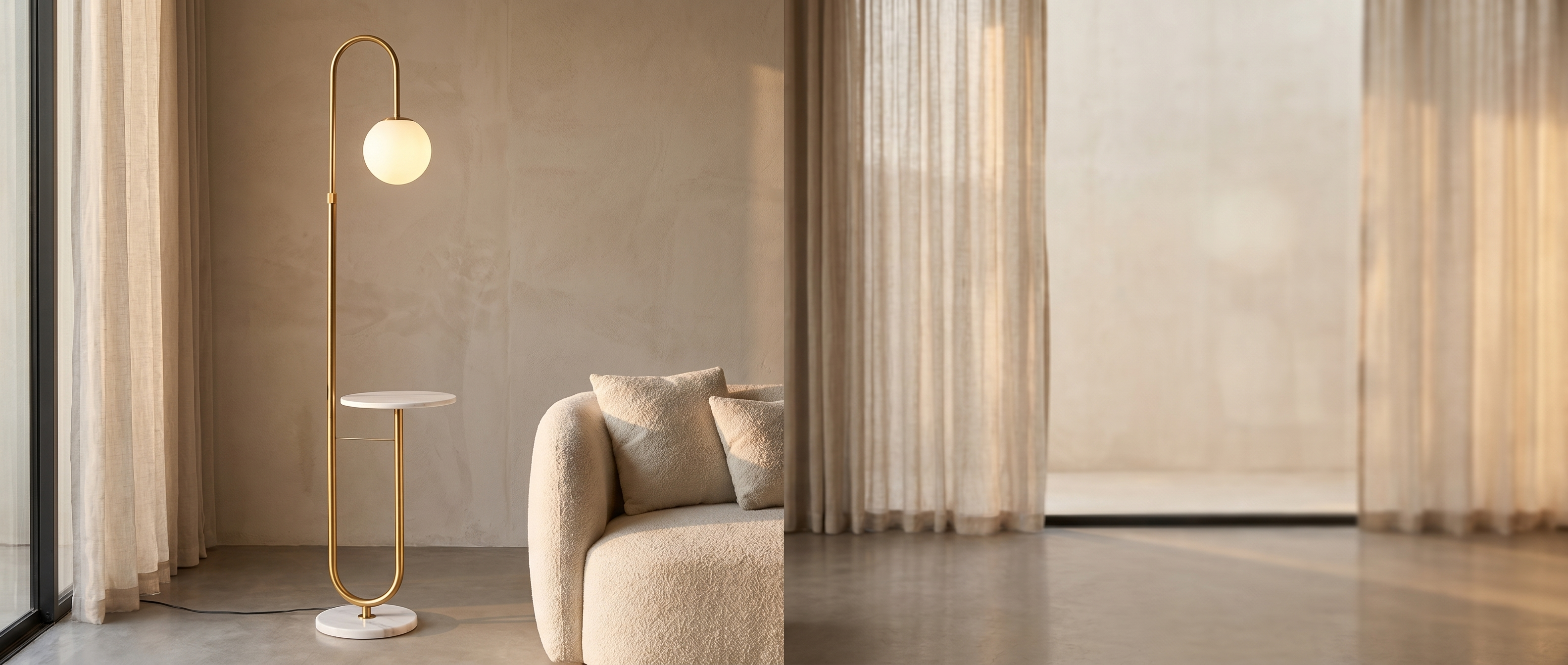 Orbita gold globe floor lamp banner in a serene living room