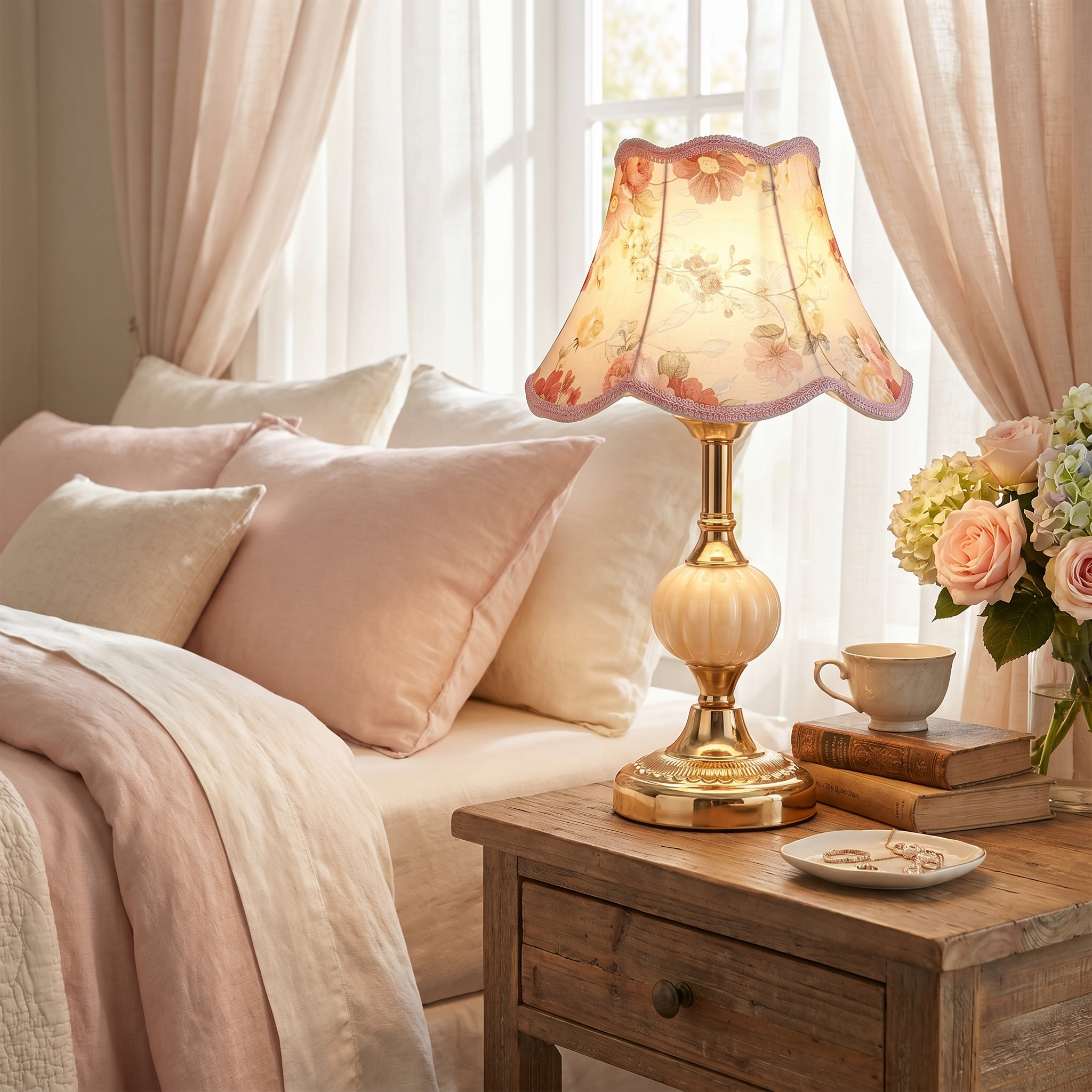 Pink floral table lamp on a nightstand in a soft feminine bedroom