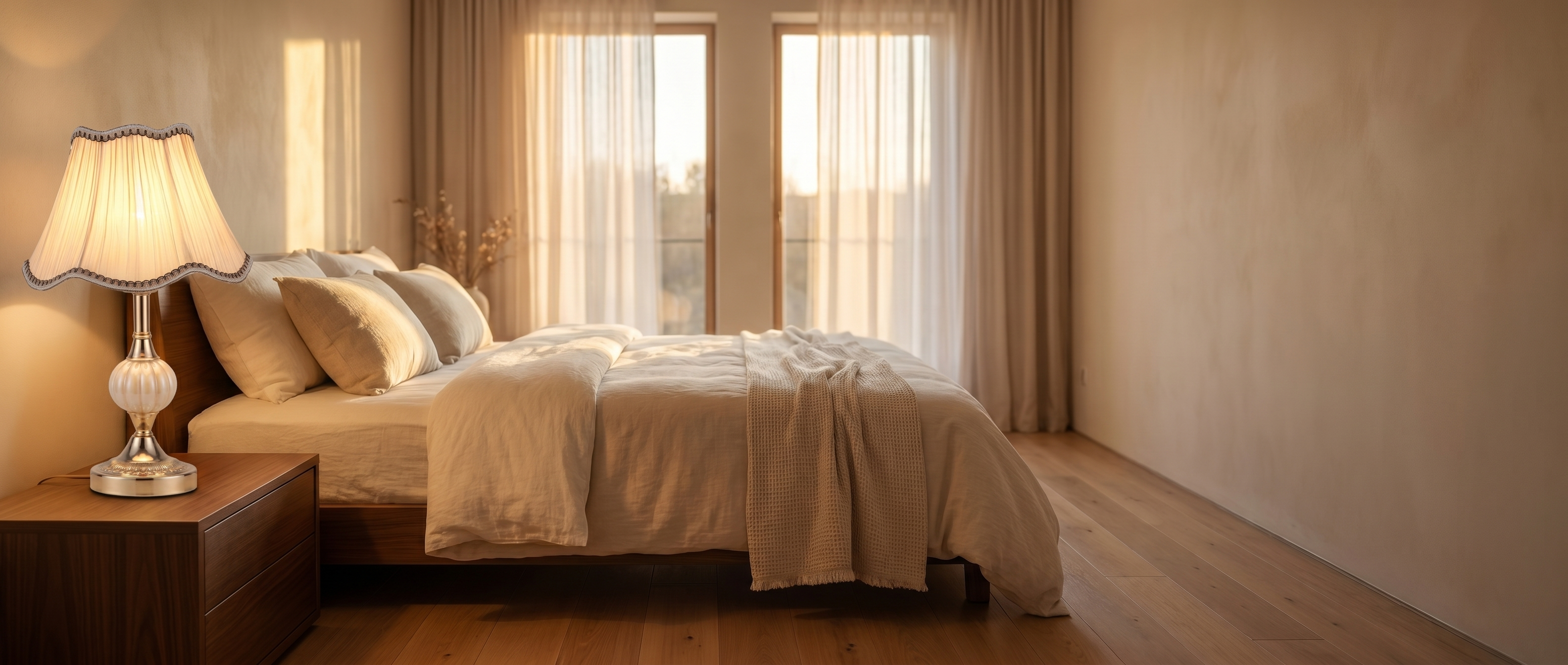 Vintage table lamp banner glowing in a serene bedroom