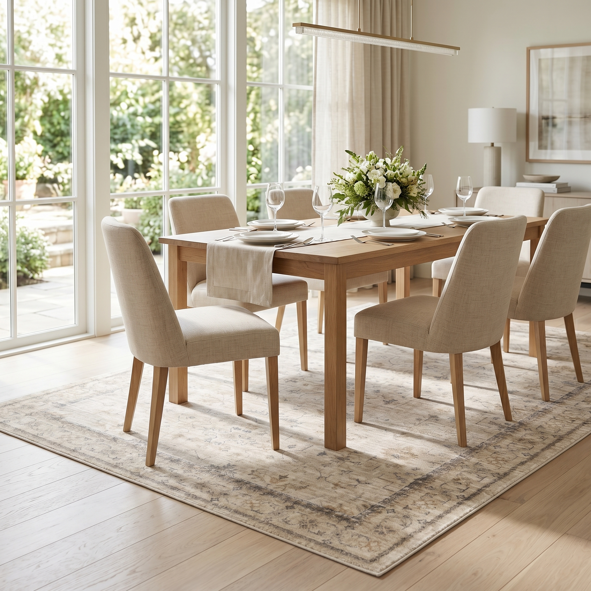 Cream vintage rug under a dining table in a sunlit dining area
