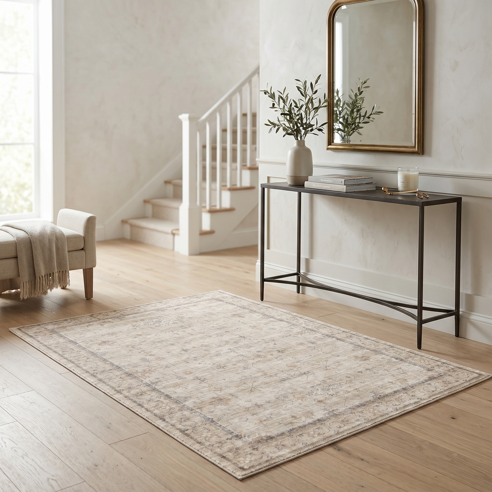 Vintage rug in a bright entryway foyer with console table and mirror