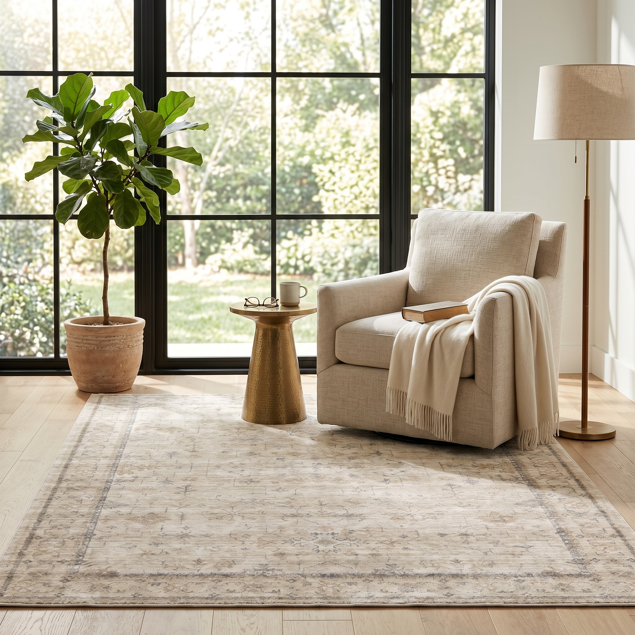 Cream vintage rug in a sunlit reading nook