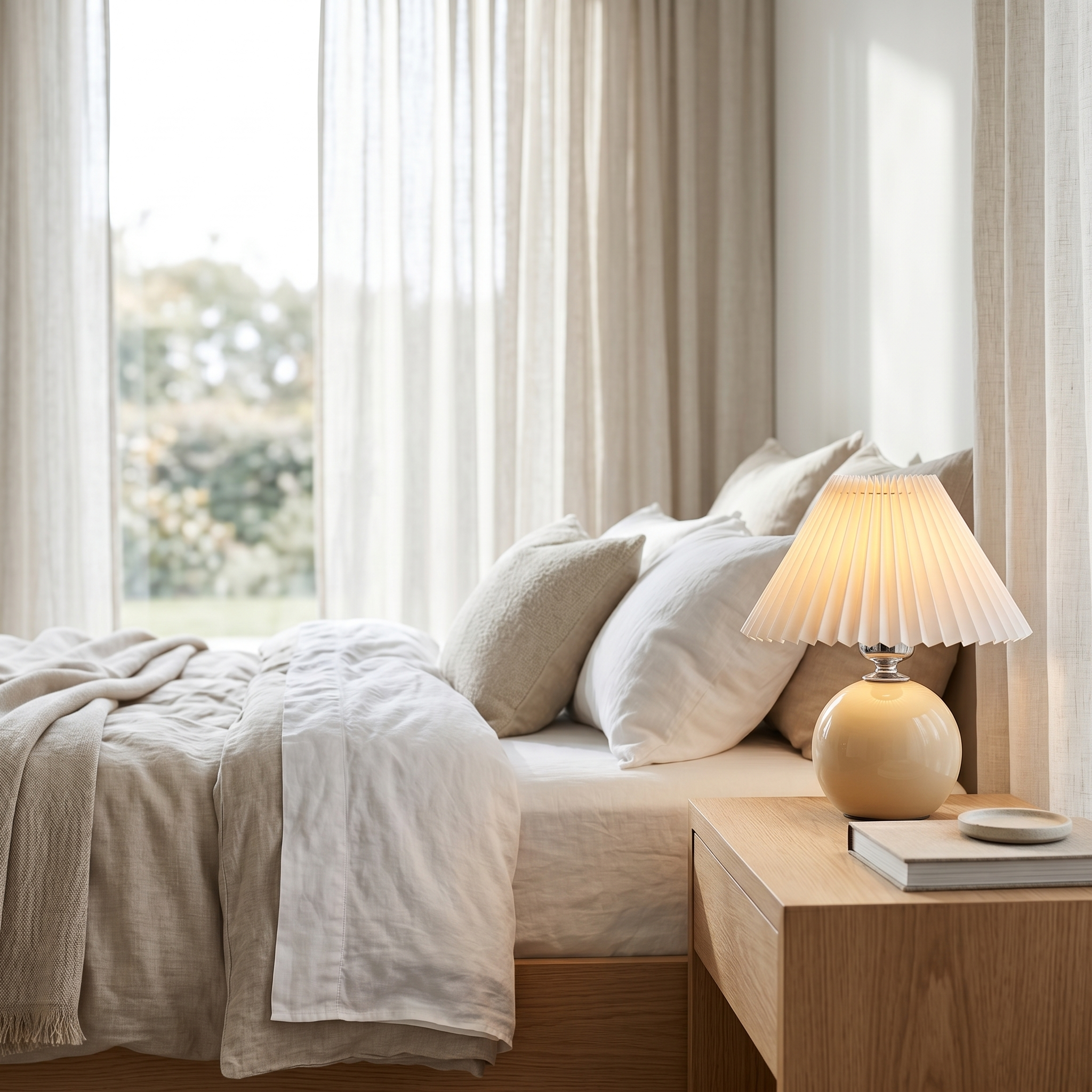Beige Carezza table lamp glowing on a bedside nightstand