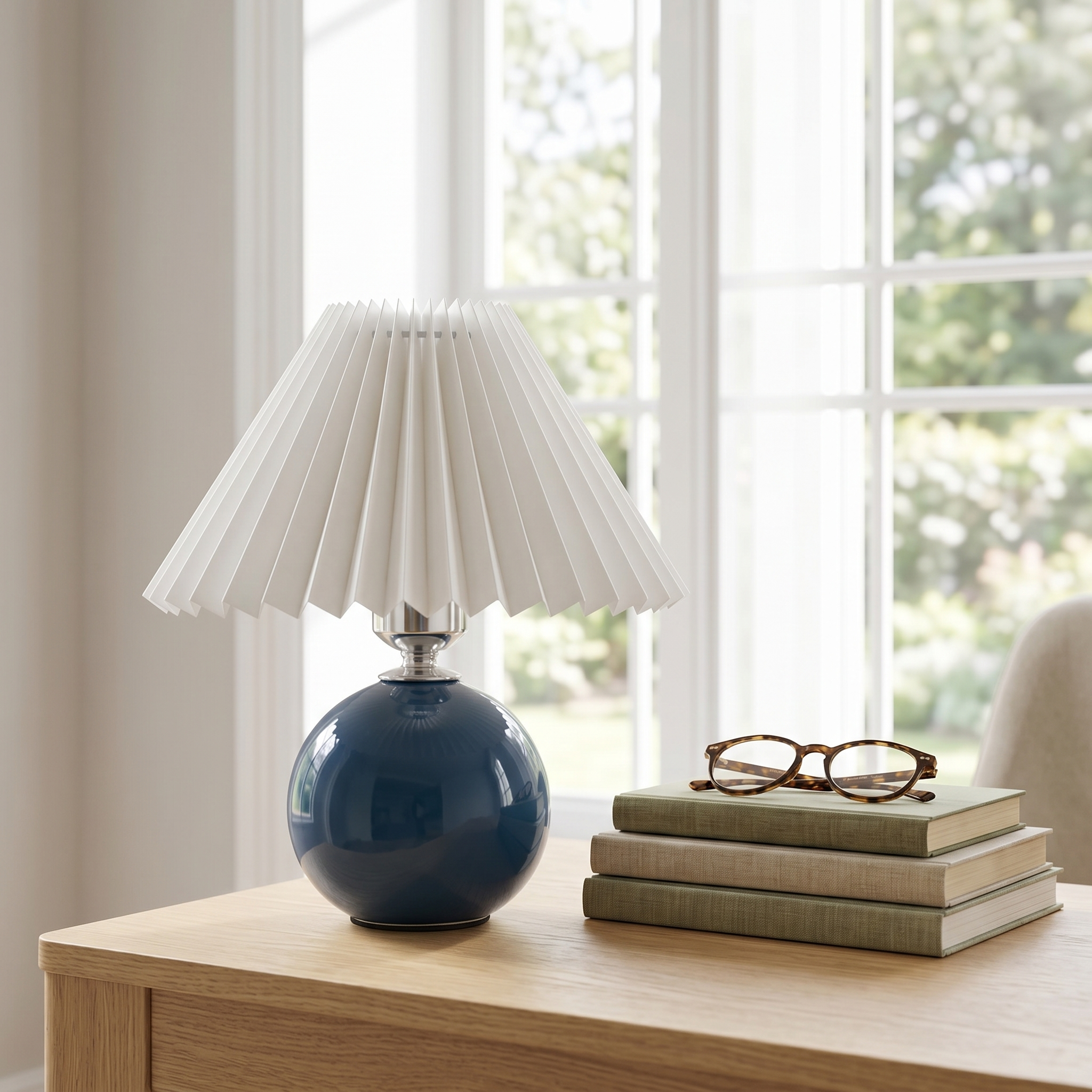 Navy blue Carezza table lamp on a study desk