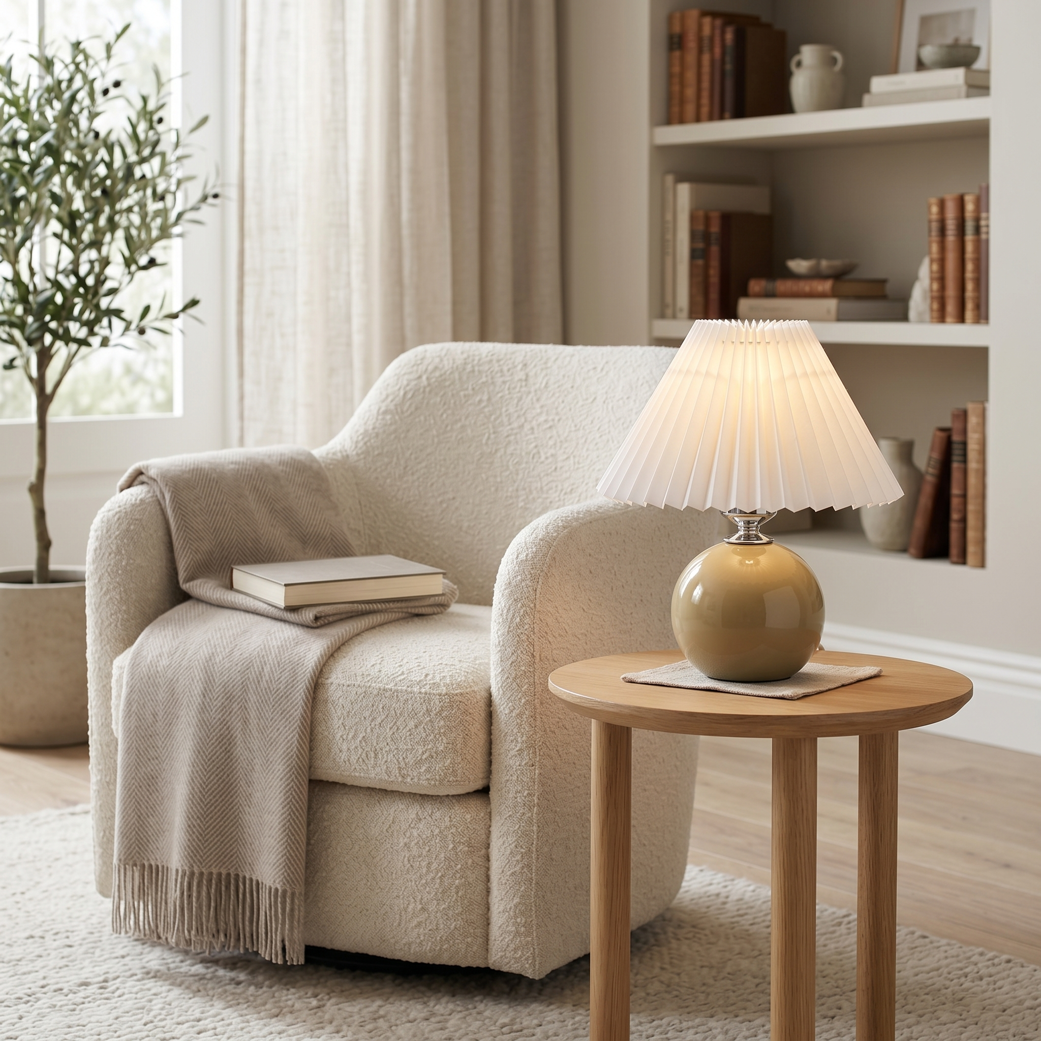 Khaki Carezza table lamp glowing beside a reading chair
