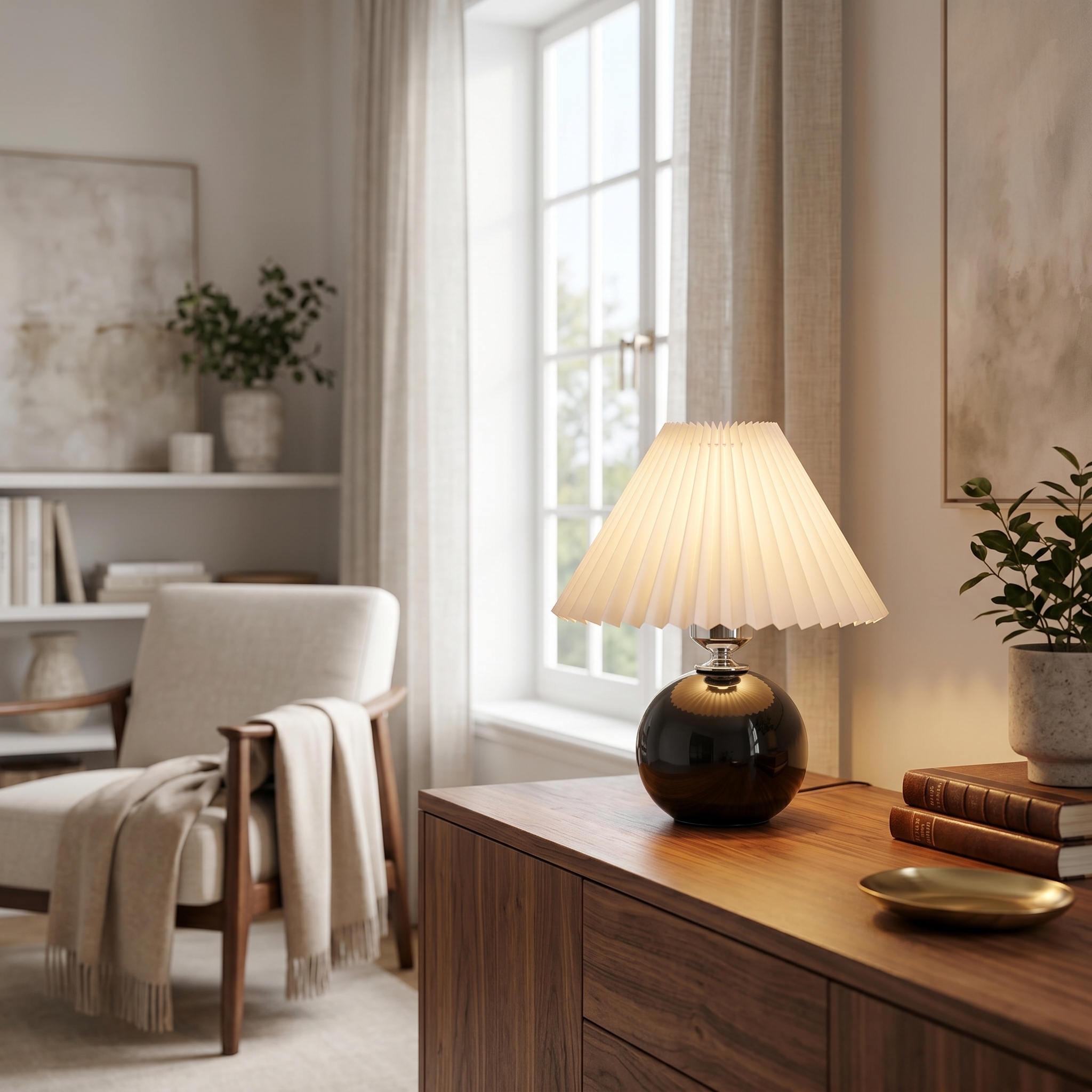 Black Carezza table lamp glowing on an elegant sideboard