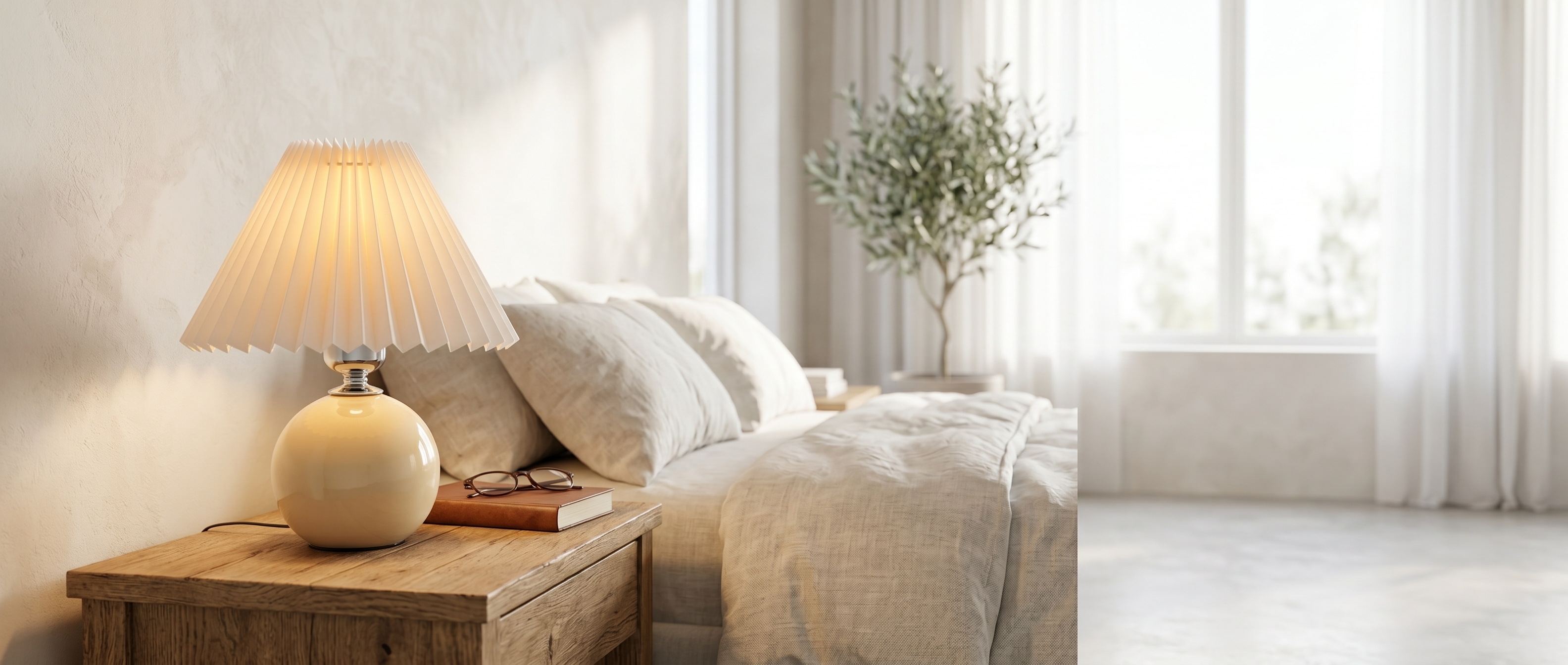 Carezza Pleated Ceramic Table Lamp styled in a modern Italian bedroom
