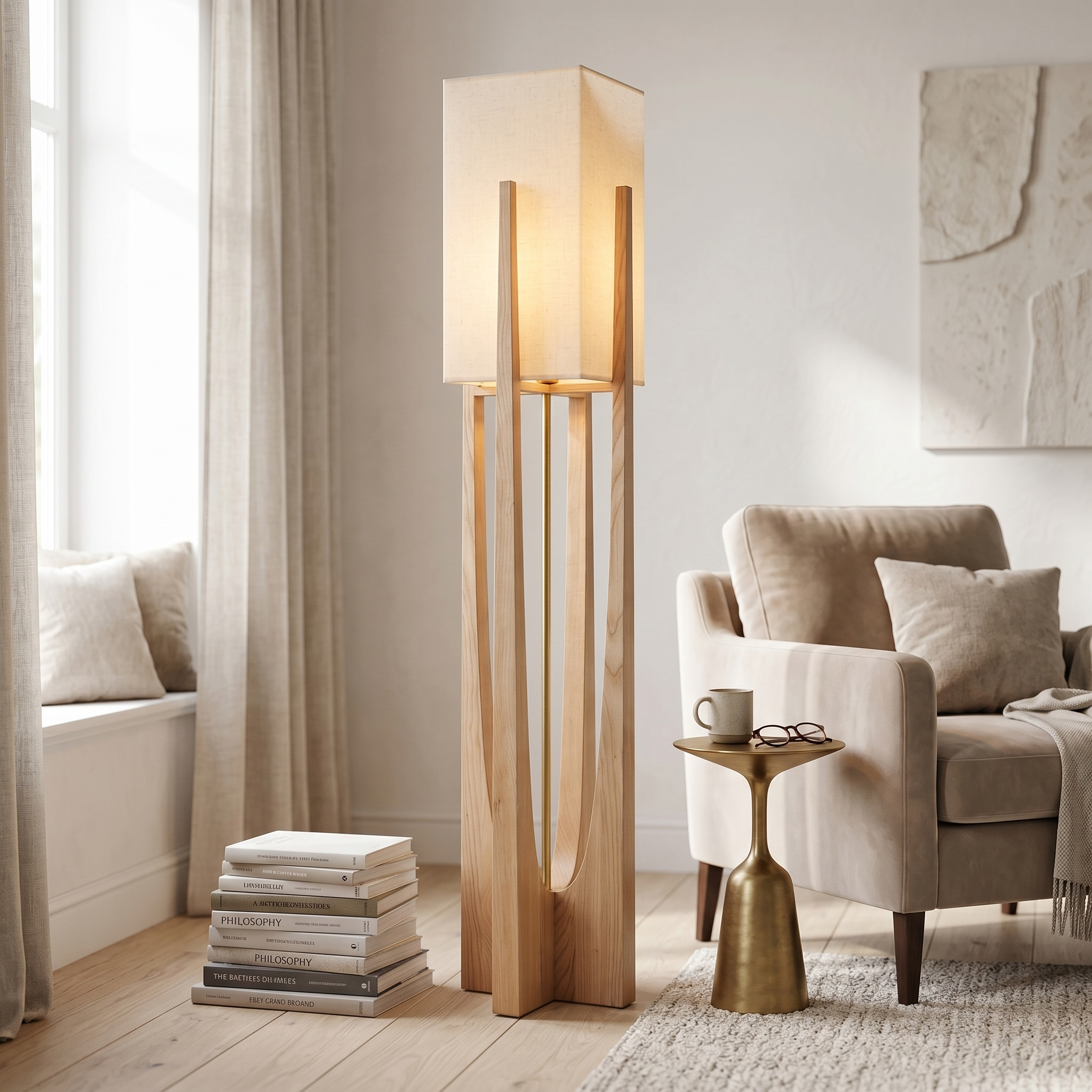 Natural wood Slancio floor lamp in a reading corner