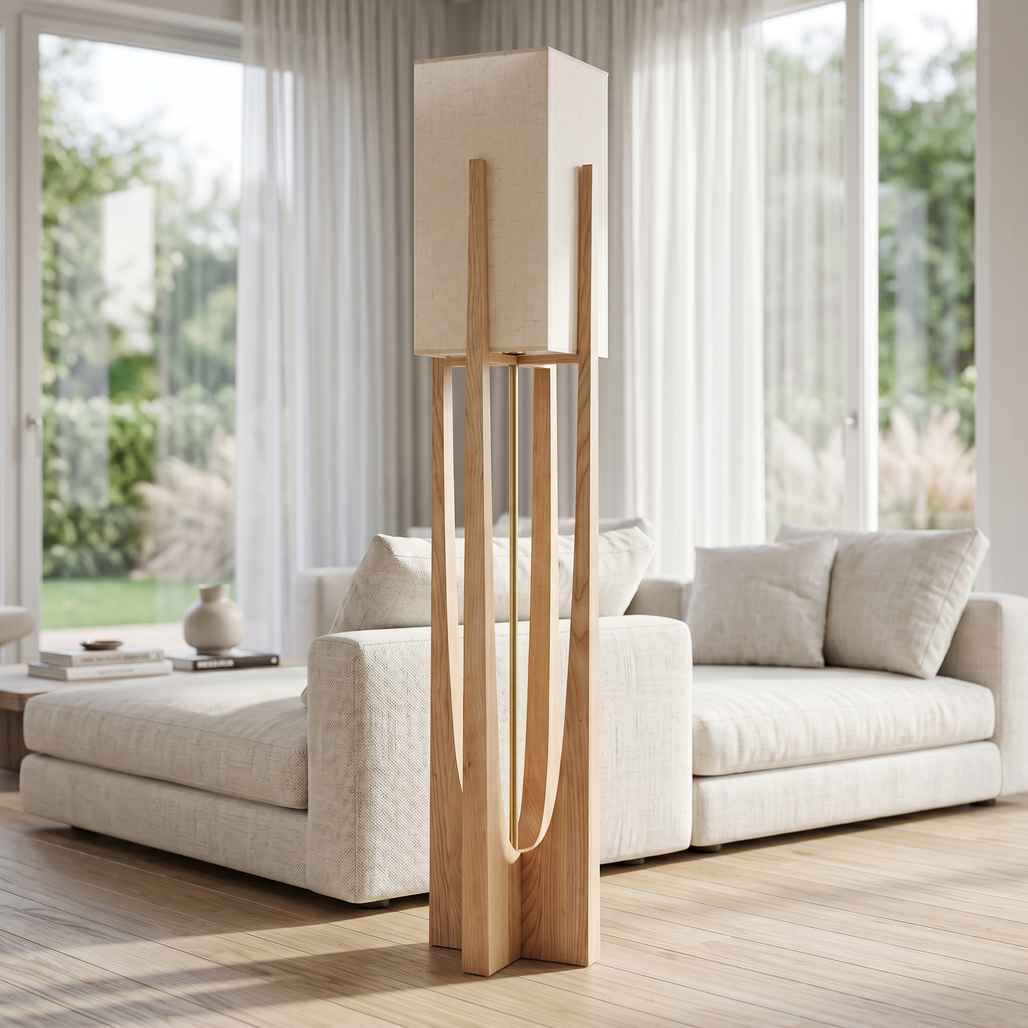 Natural wood Slancio floor lamp in a bright living room