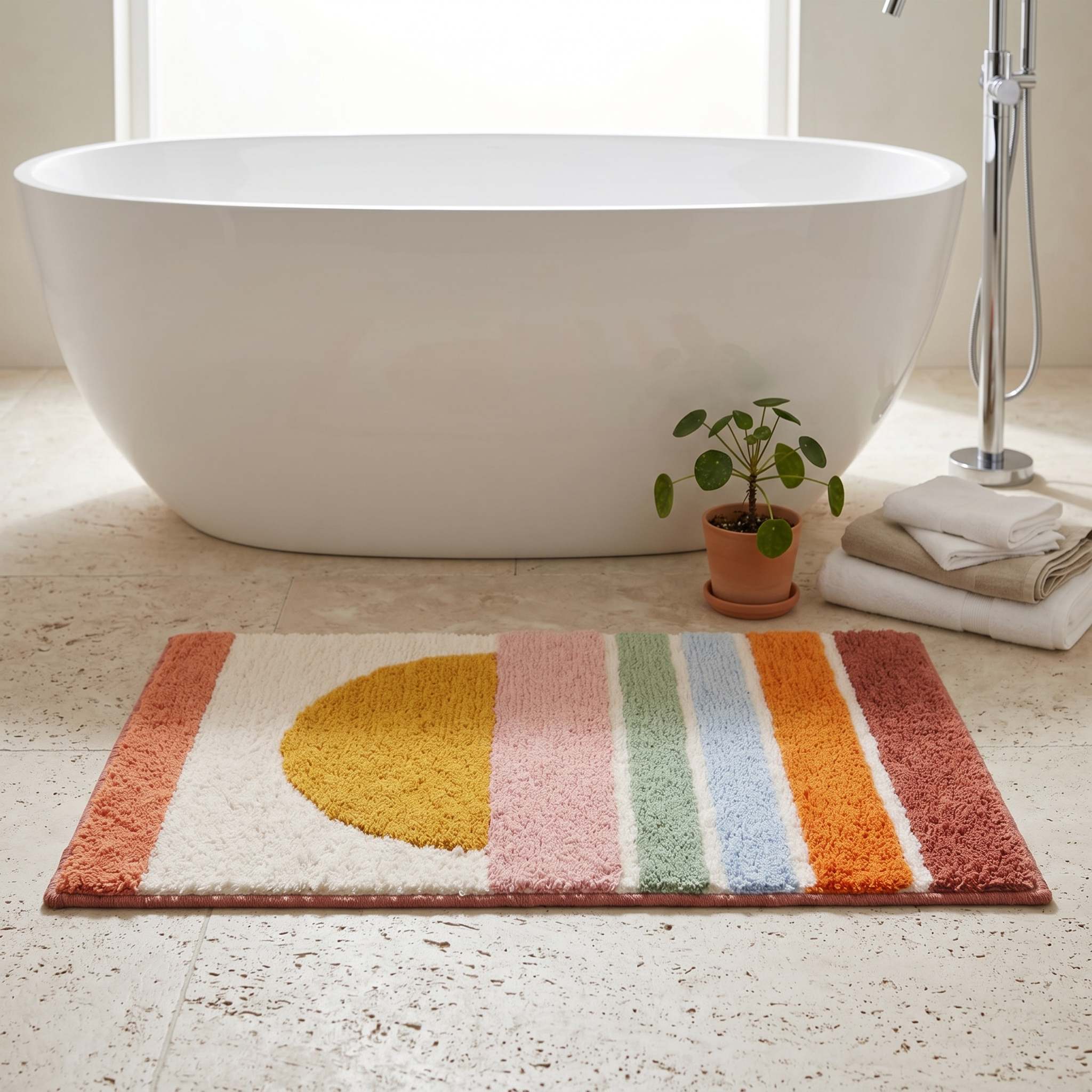 Golden Sunrise bath mat by a freestanding tub