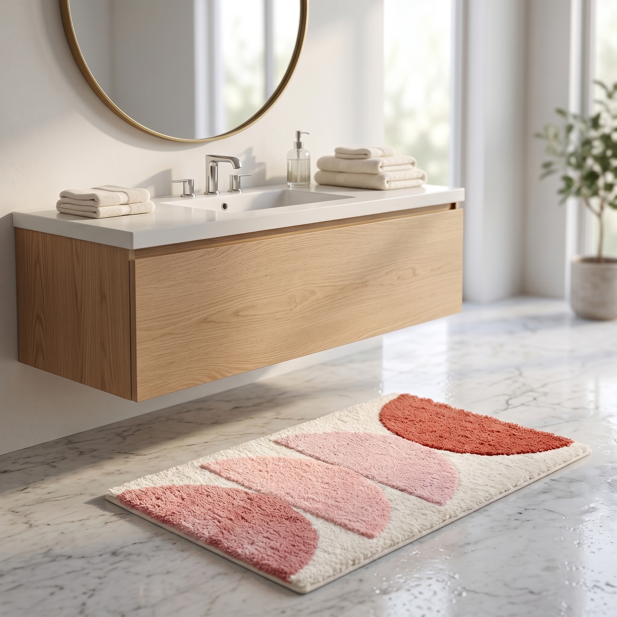 Pink Sunset bath mat at a bathroom vanity