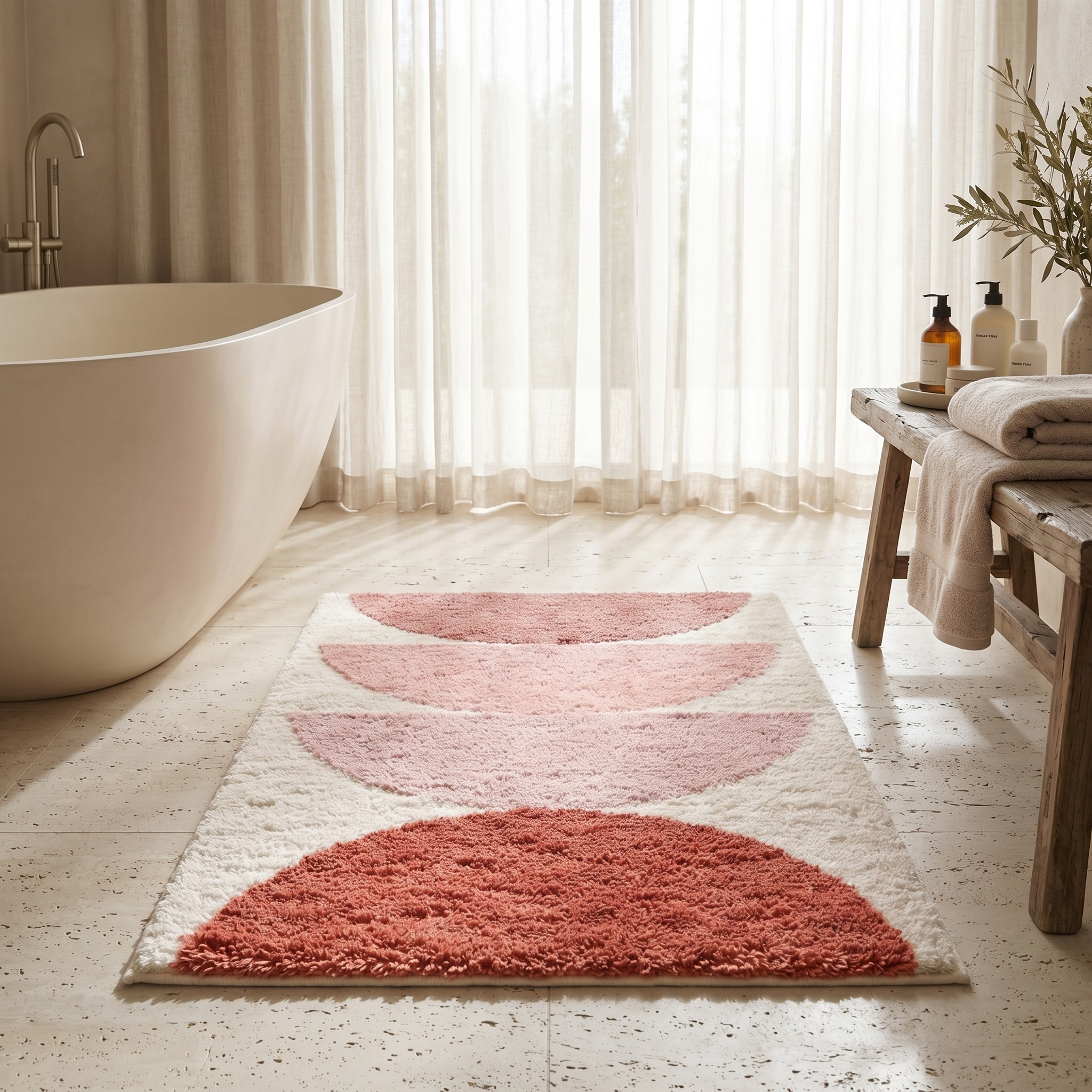 Pink Sunset bath mat in a serene ensuite