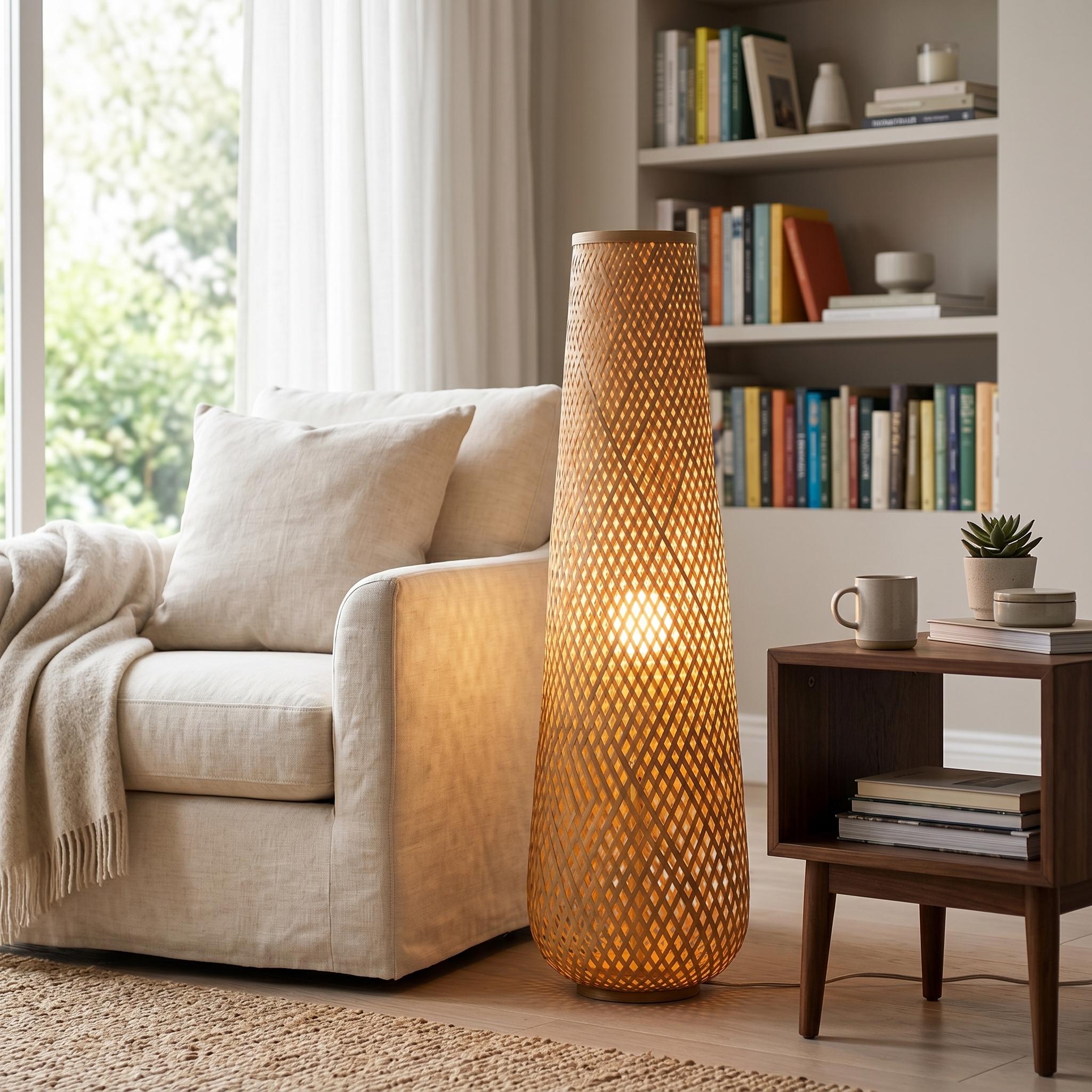 Bamboo floor lamp in a reading nook