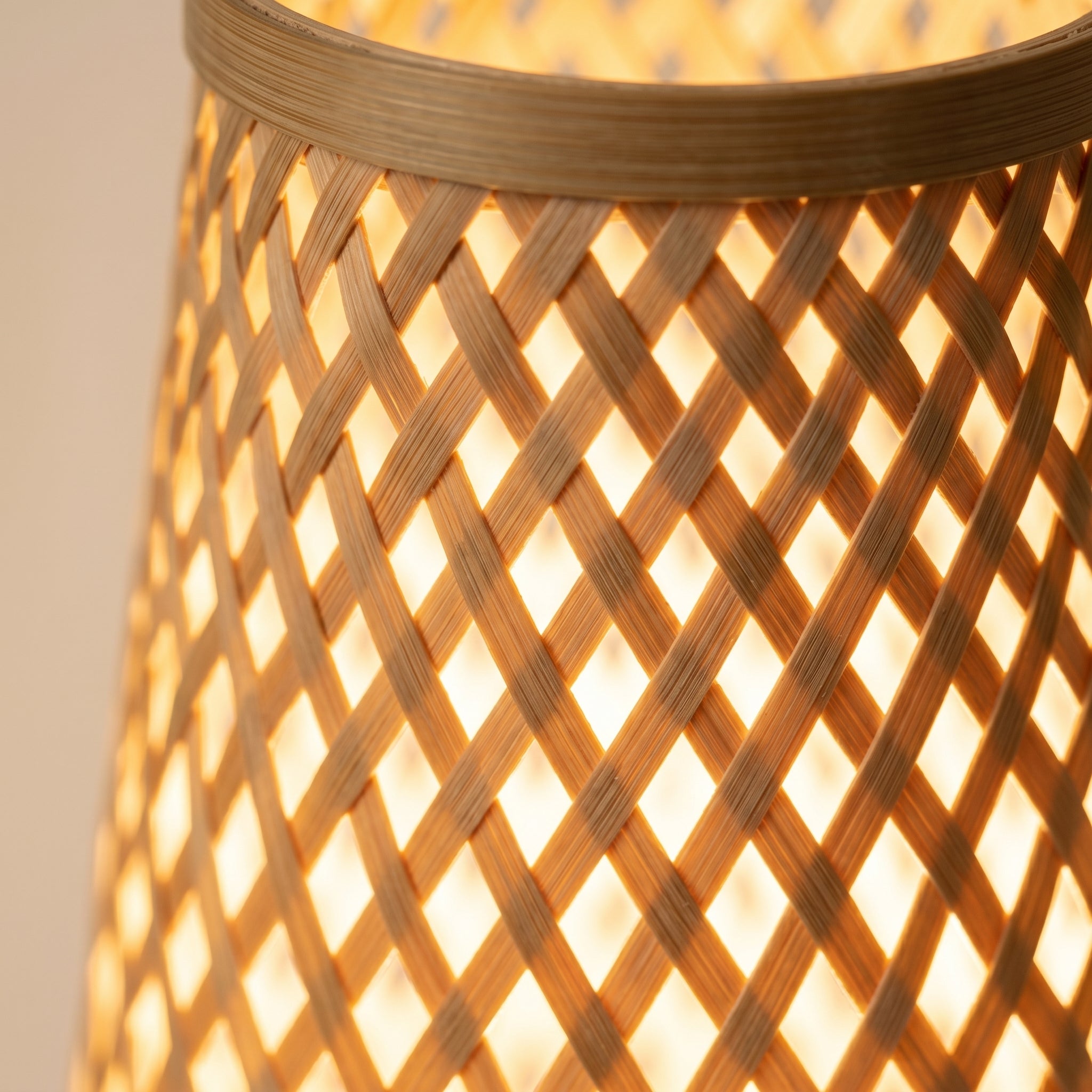 Close-up of the glowing woven bamboo lattice