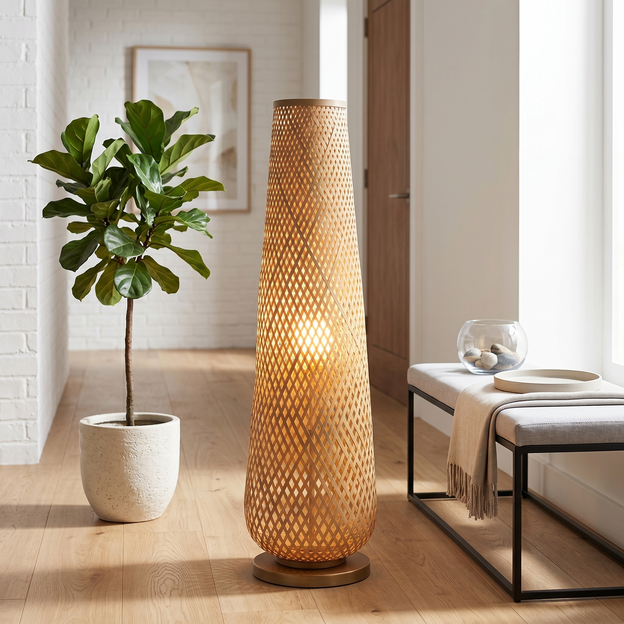 Bamboo floor lamp in a bright entryway with a plant