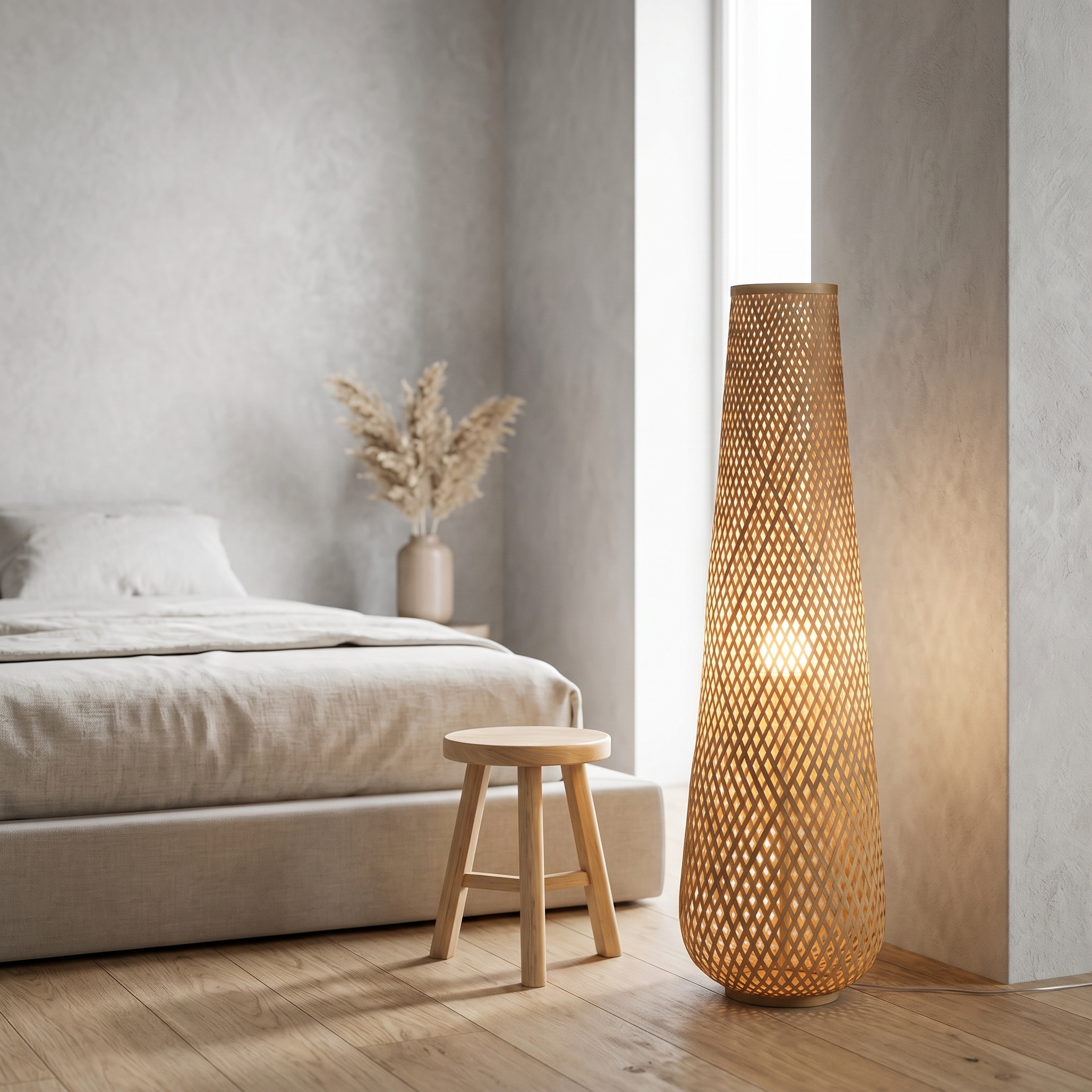 Bamboo floor lamp in a Japandi bedroom corner