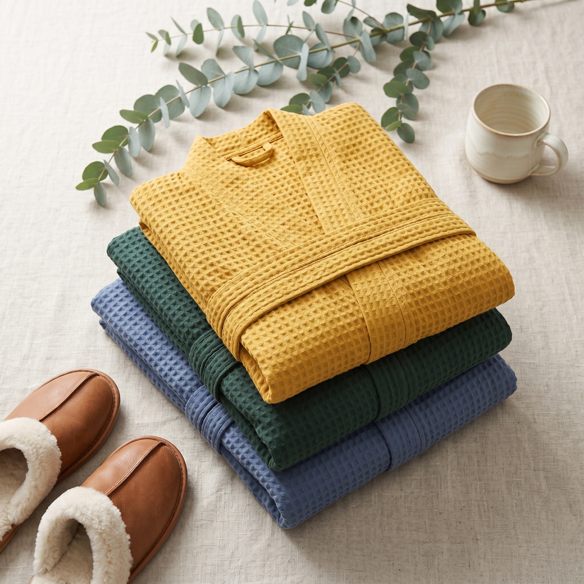 Folded Brezza waffle robes styled with slippers and coffee
