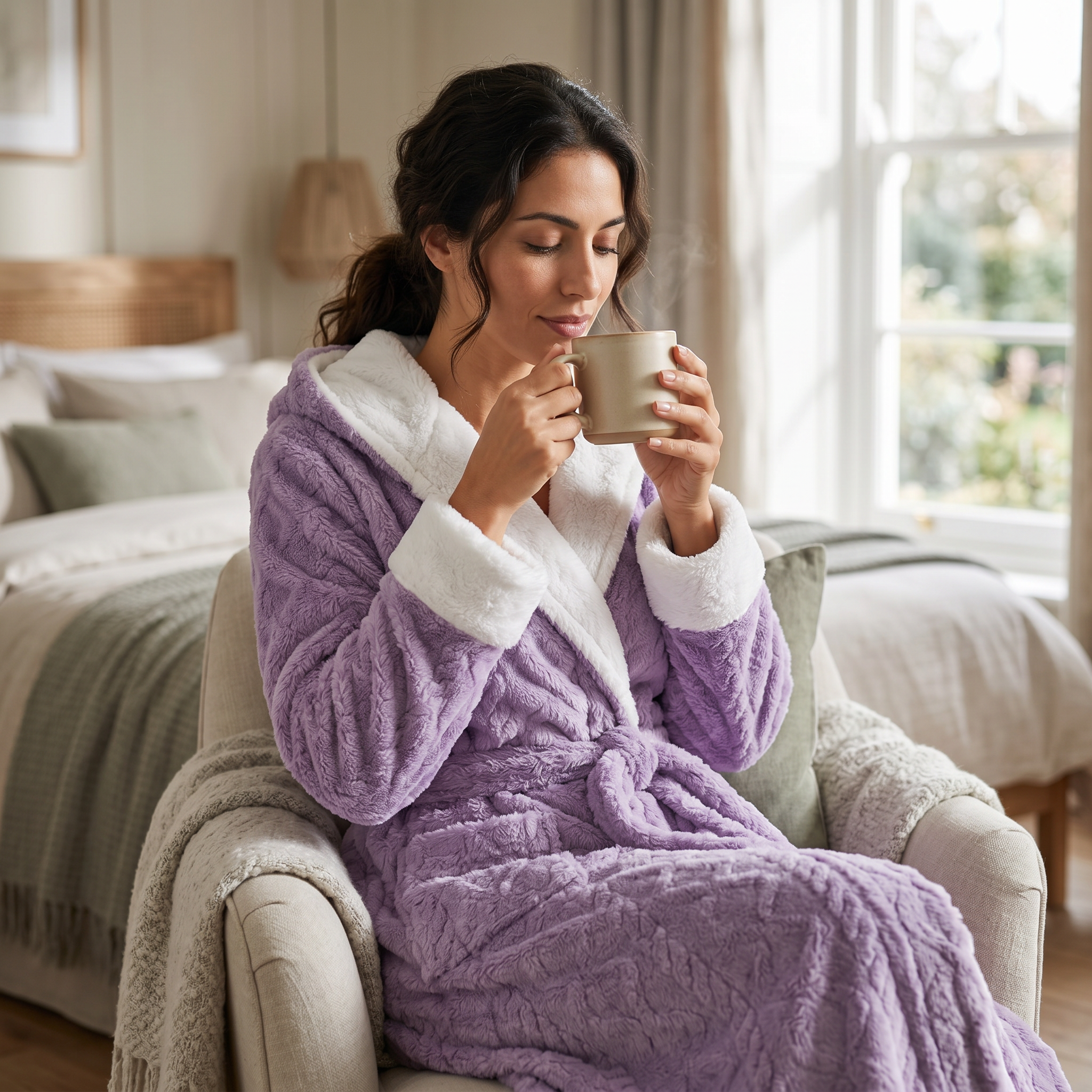 Woman in the purple Nuvola robe holding a mug