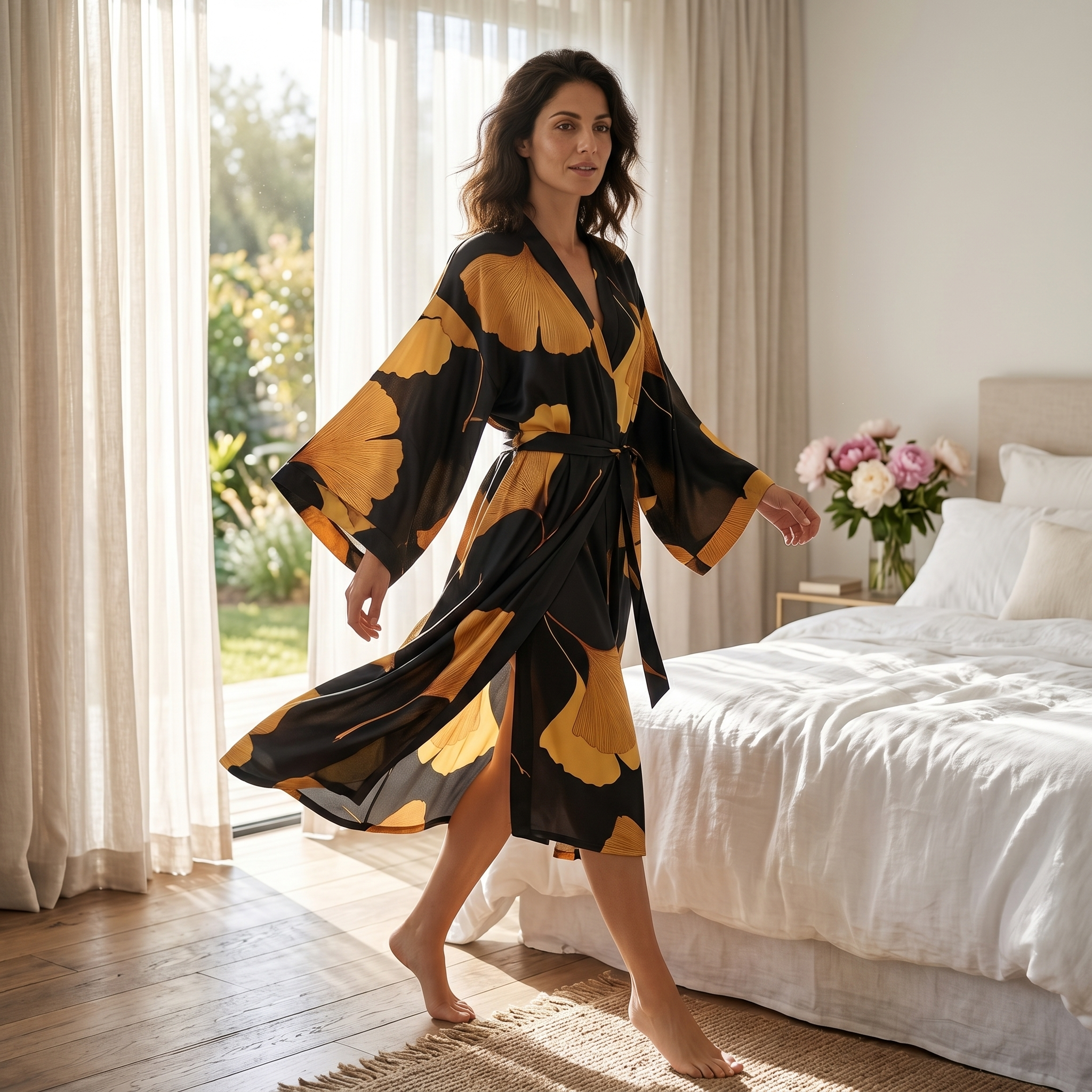Woman walking in flowing kimono robe