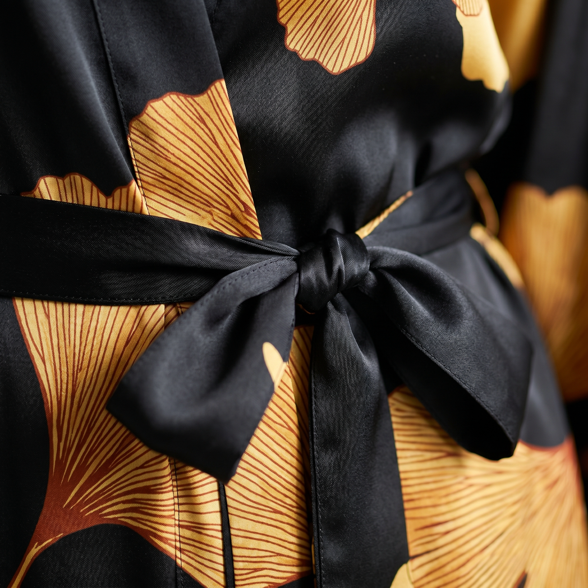 Gold ginkgo satin print and belt detail
