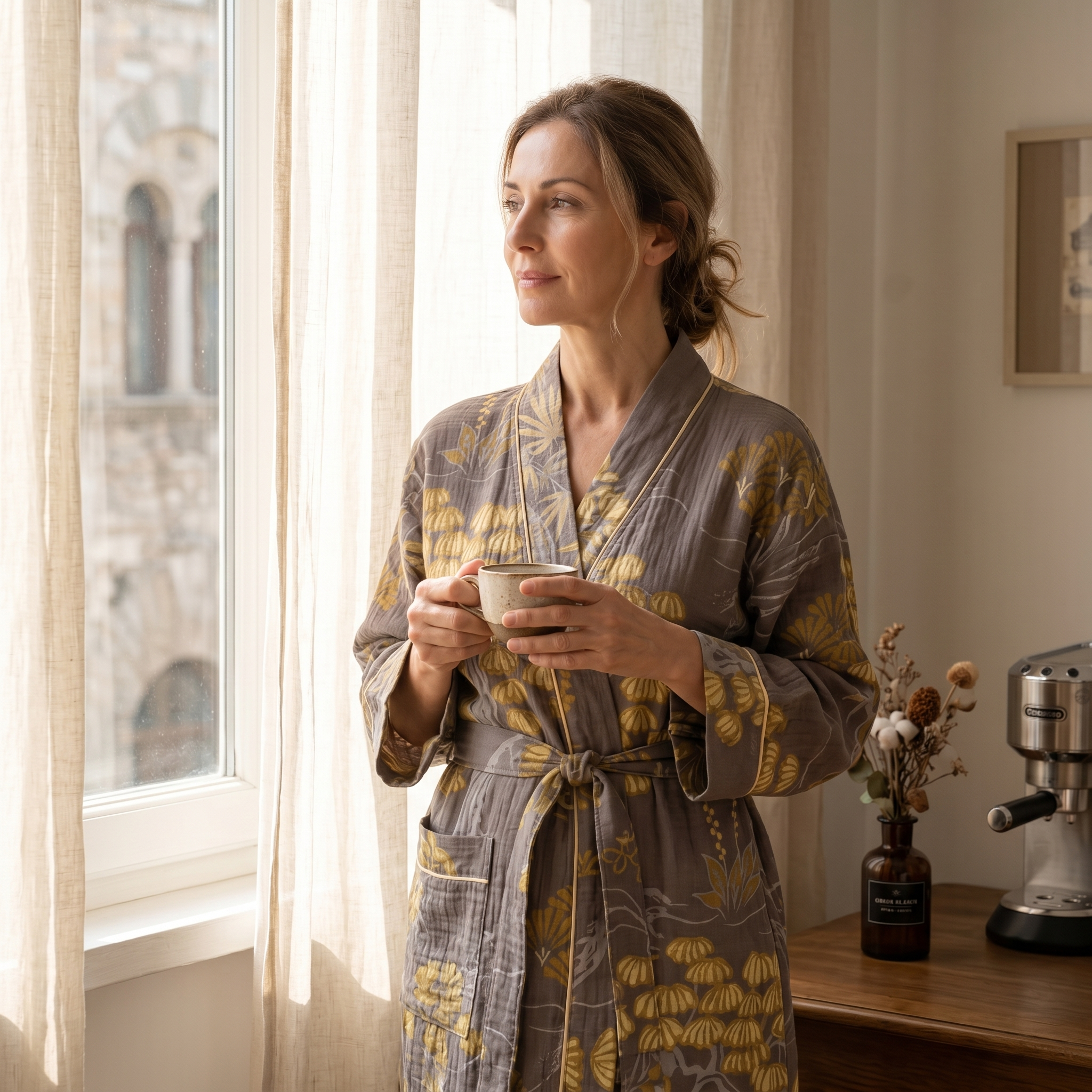 Woman in floral cotton robe with morning coffee