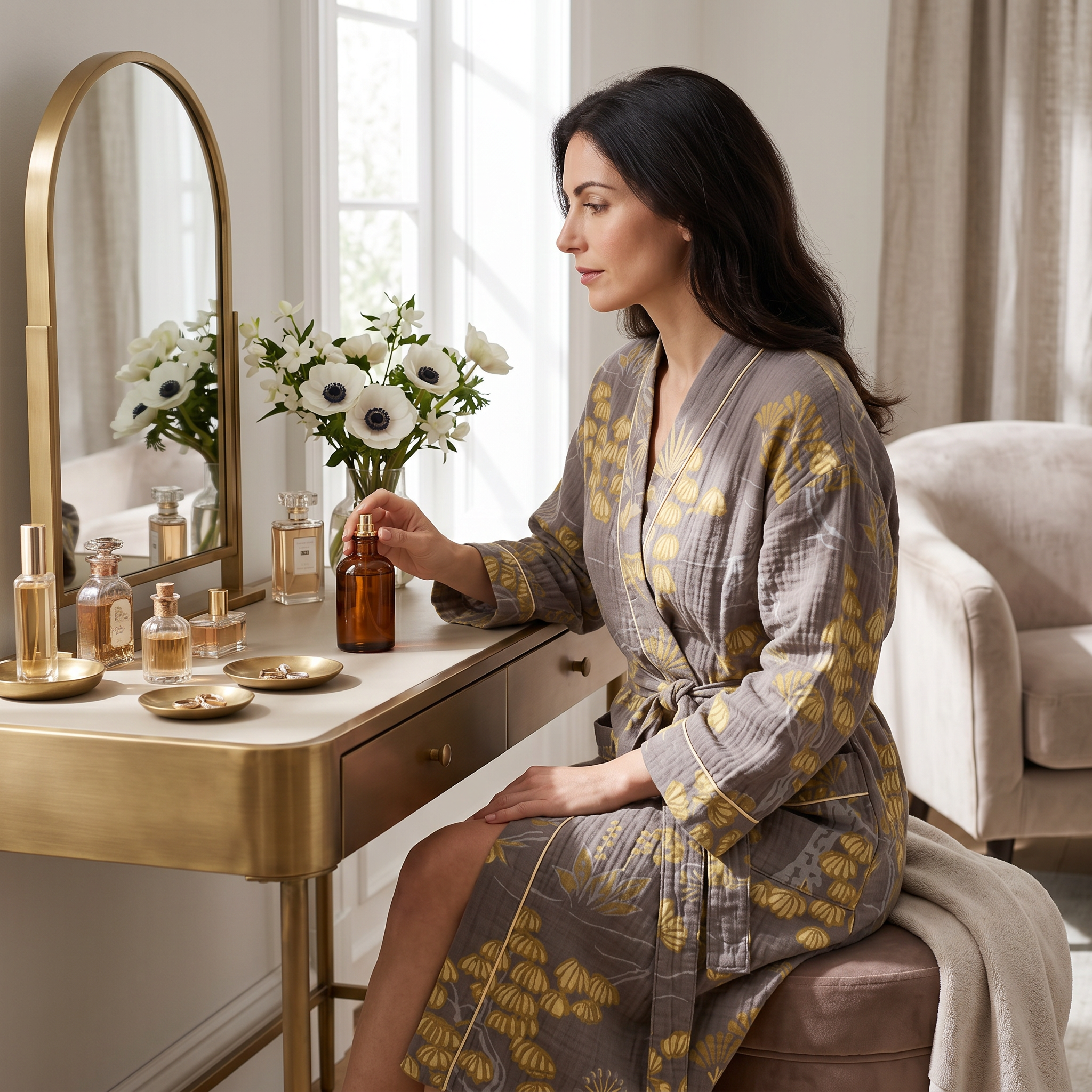 Woman in floral robe at vanity
