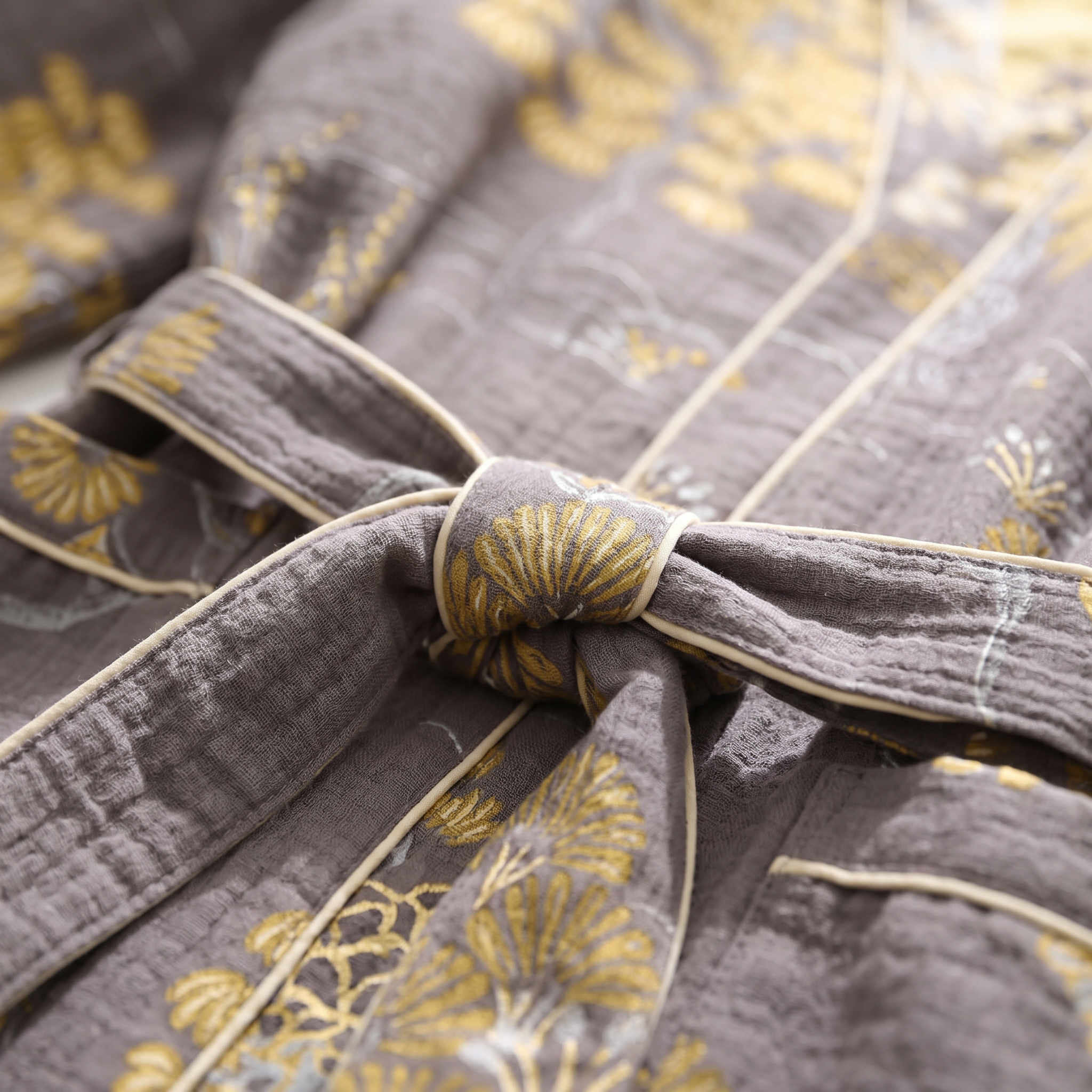 Golden floral cotton gauze print and belt detail