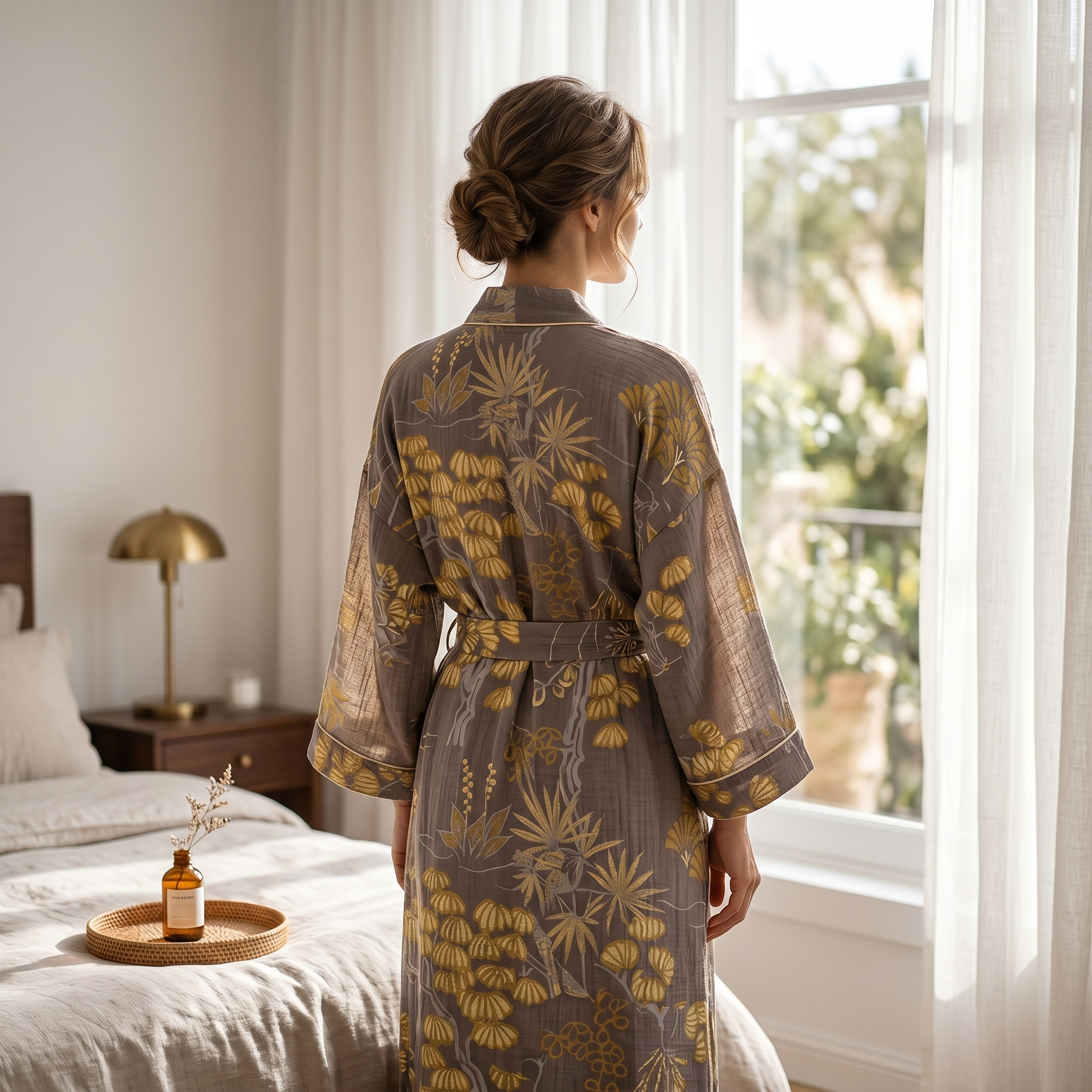 Back view of woman in floral cotton kimono robe