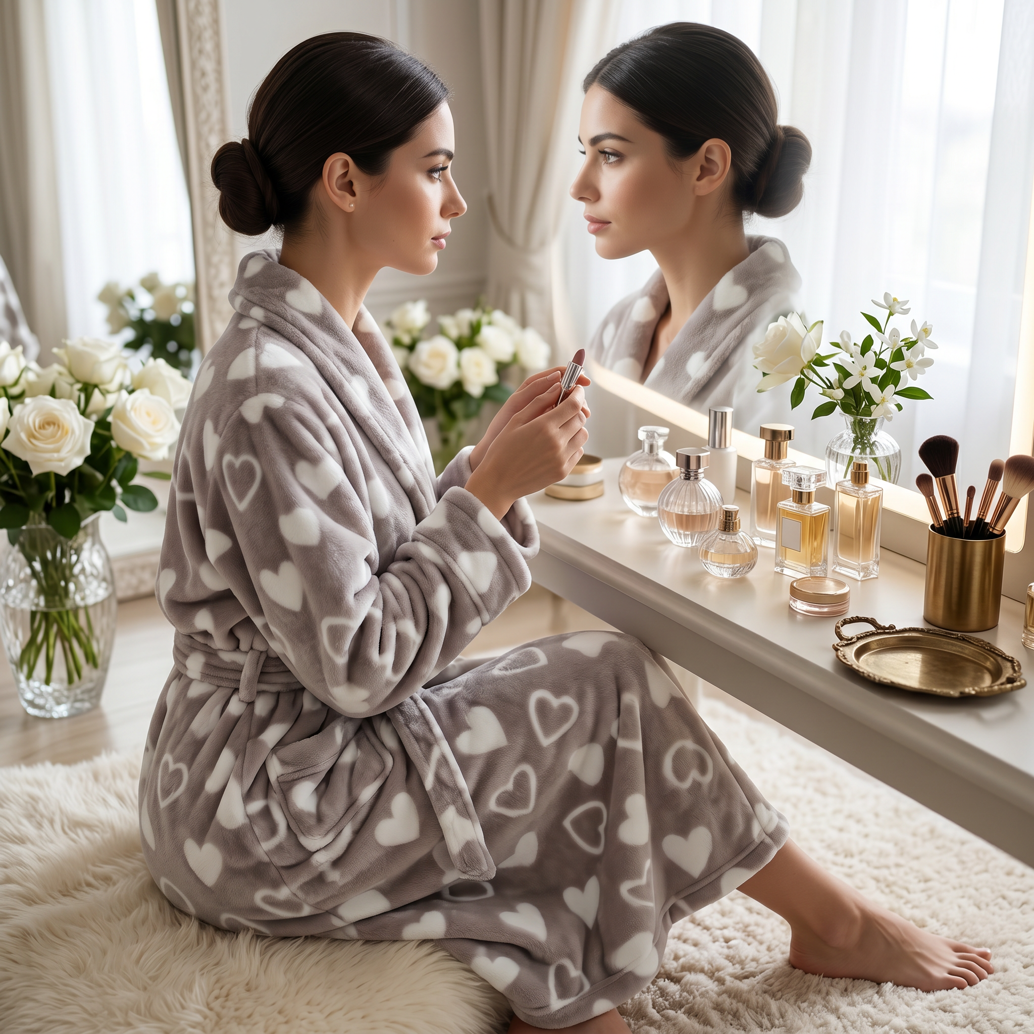 Woman in heart plush robe at vanity